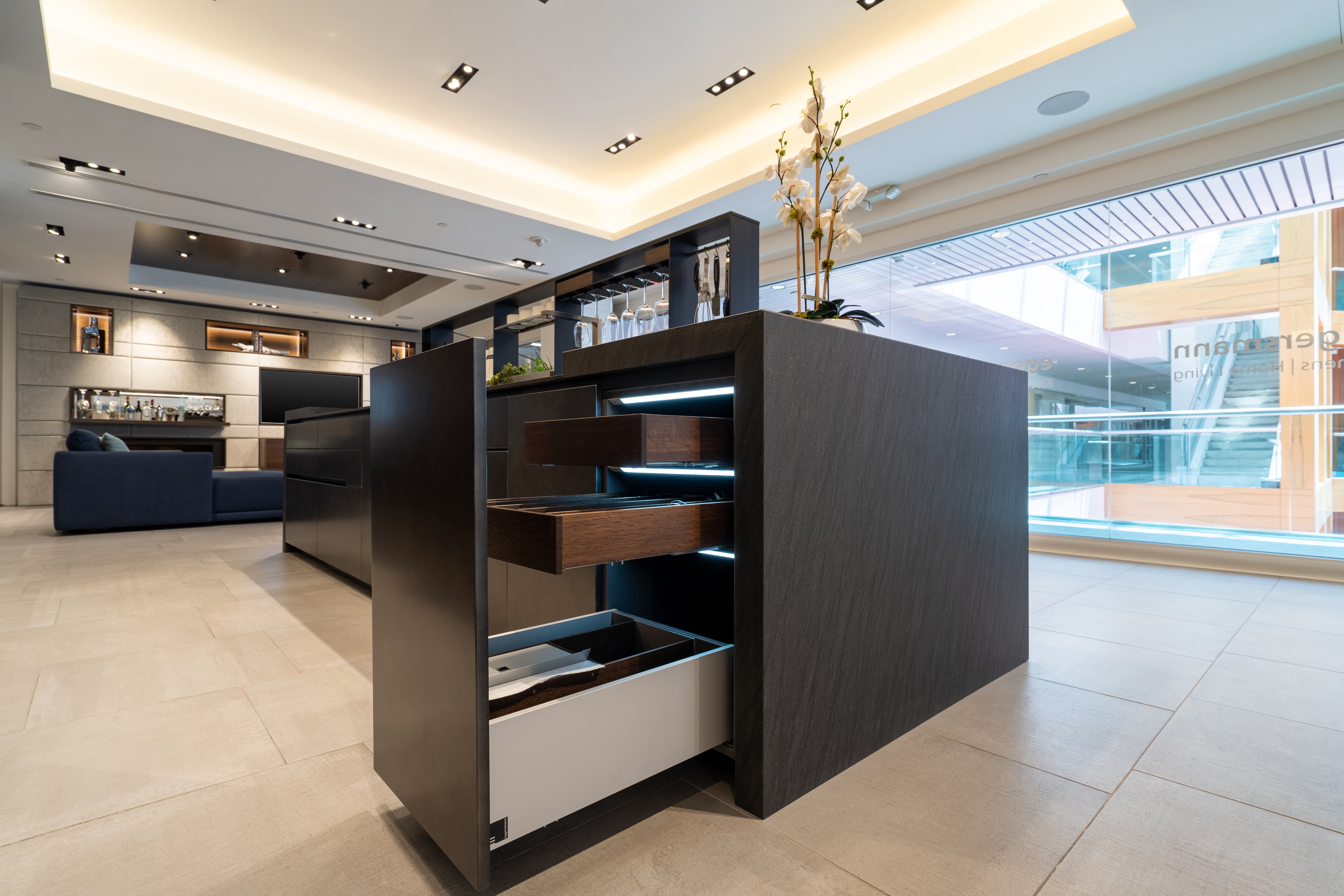 eggersmann Glance Glass and Carbono Stone Island Modern Smoked Oak Kitchen with Gaggenau Appliances