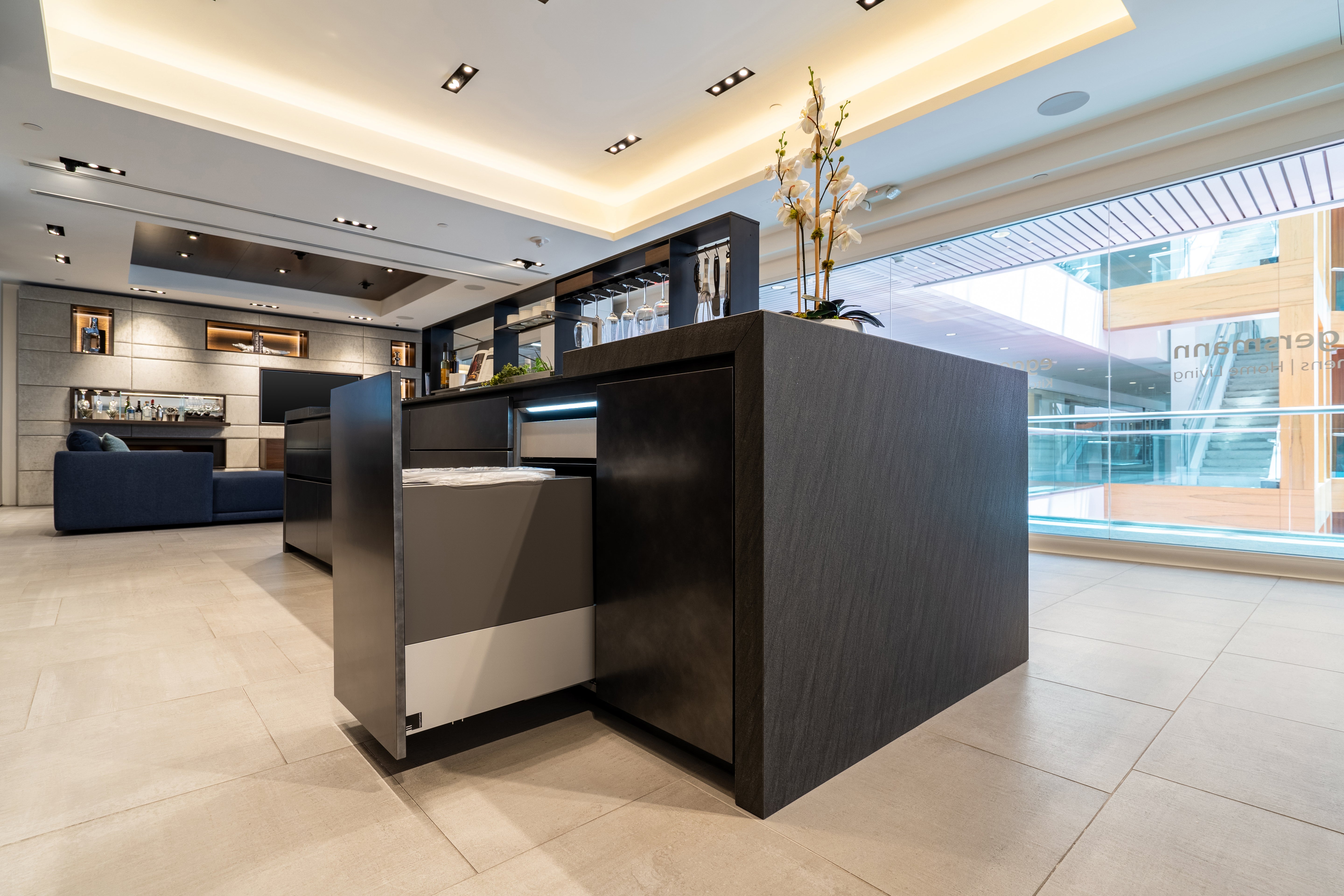 eggersmann Glance Glass and Carbono Stone Island Modern Smoked Oak Kitchen with Gaggenau Appliances