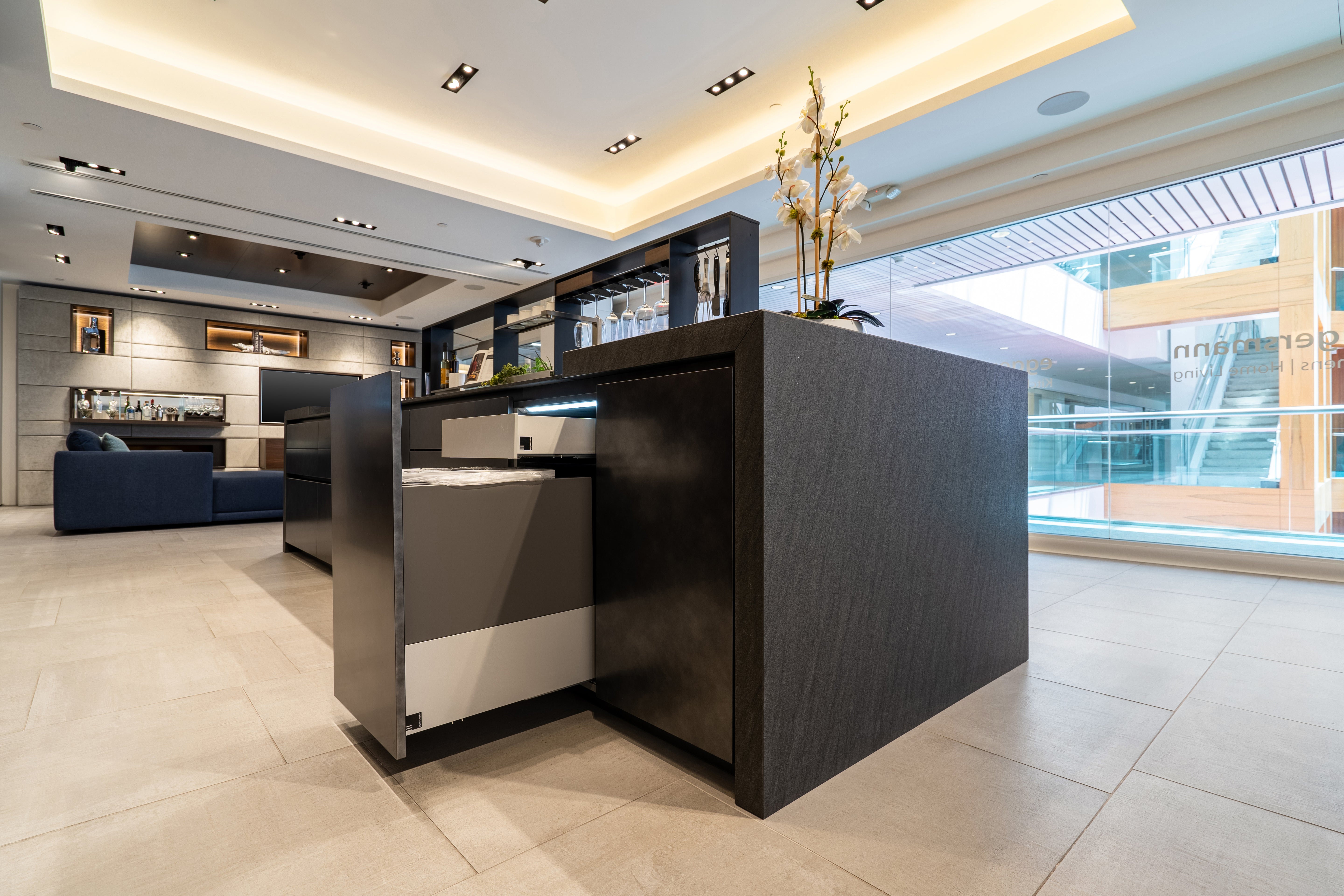 eggersmann Glance Glass and Carbono Stone Island Modern Smoked Oak Kitchen with Gaggenau Appliances