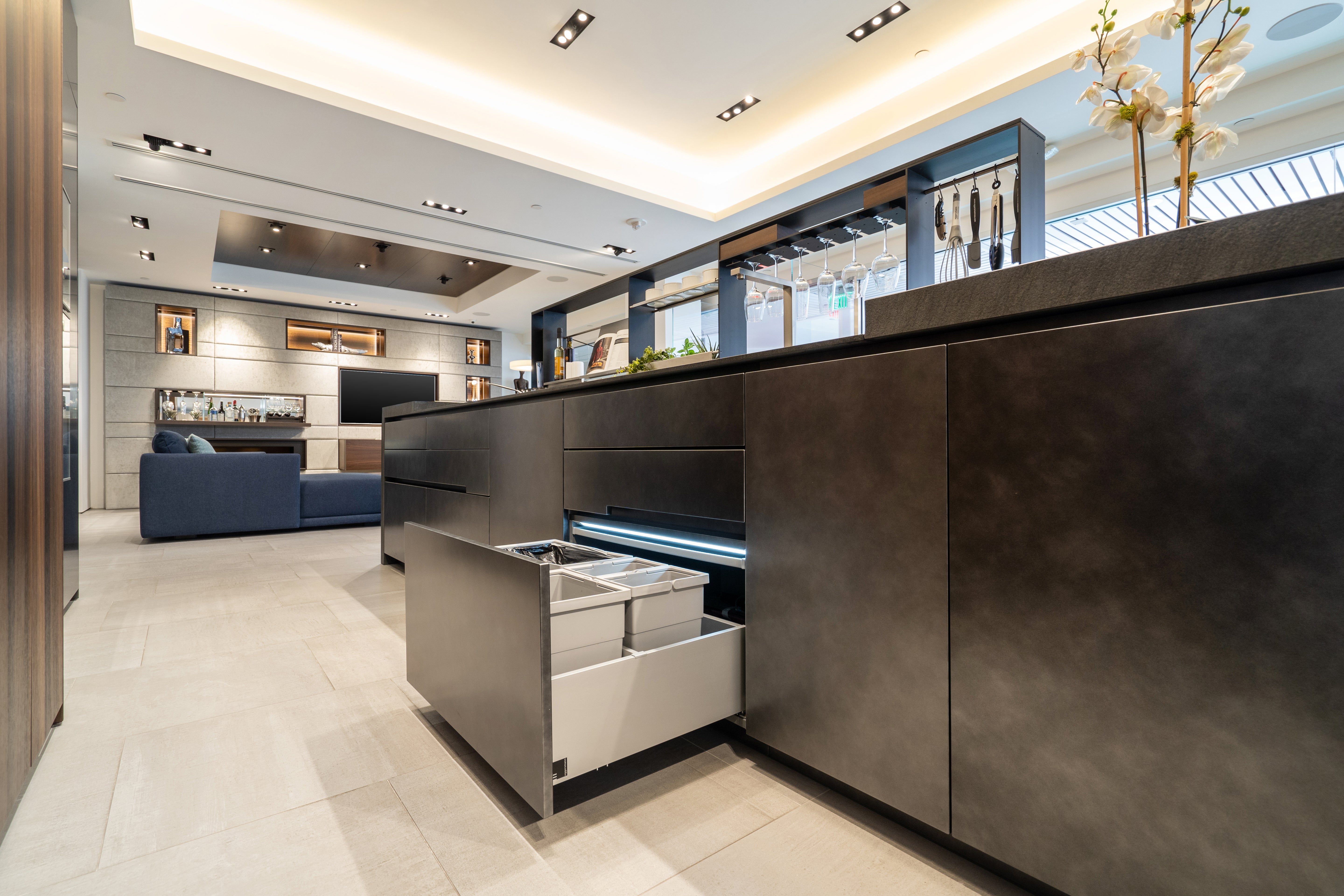 eggersmann Glance Glass and Carbono Stone Island Modern Smoked Oak Kitchen with Gaggenau Appliances