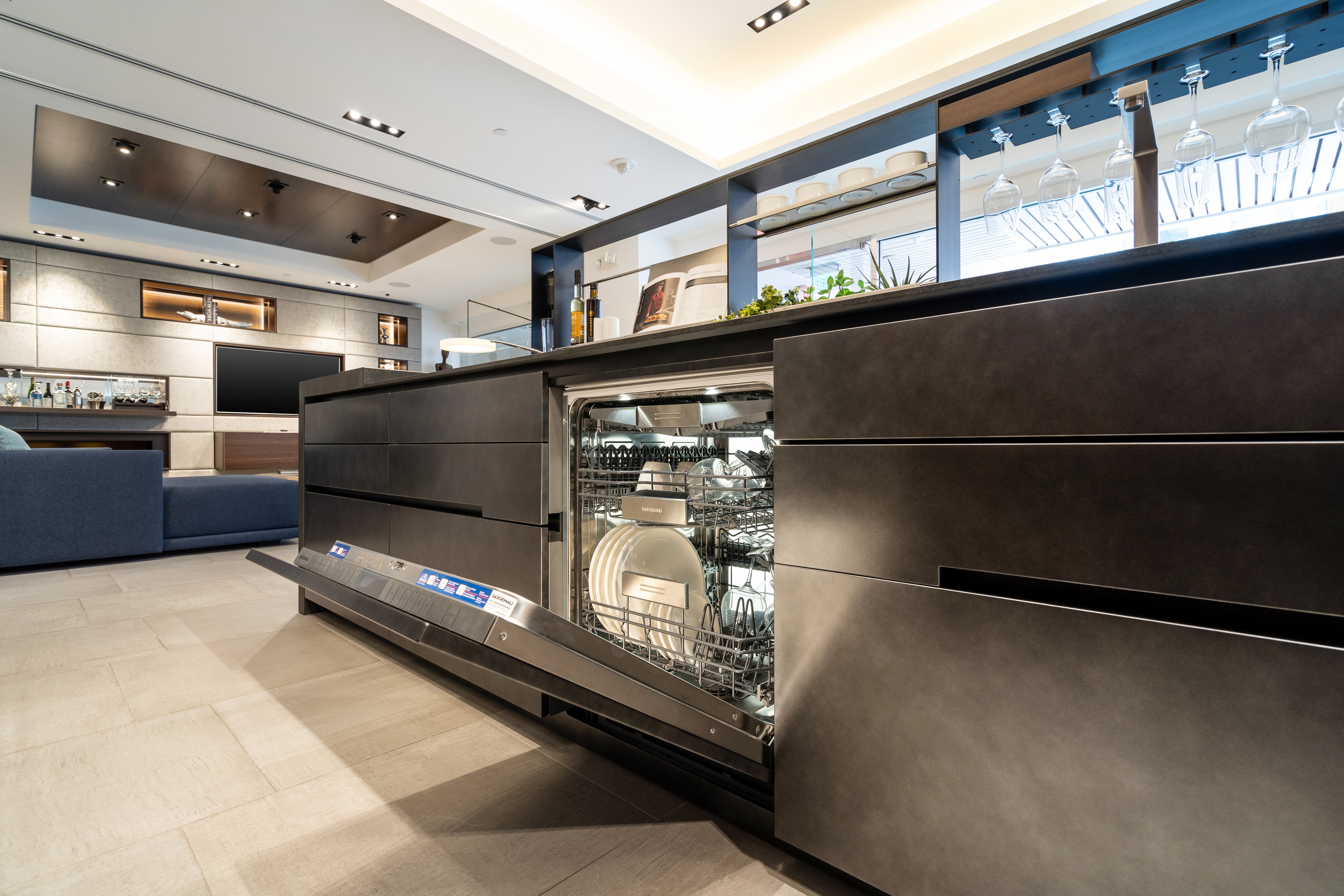 eggersmann Glance Glass and Carbono Stone Island Modern Smoked Oak Kitchen with Gaggenau Appliances