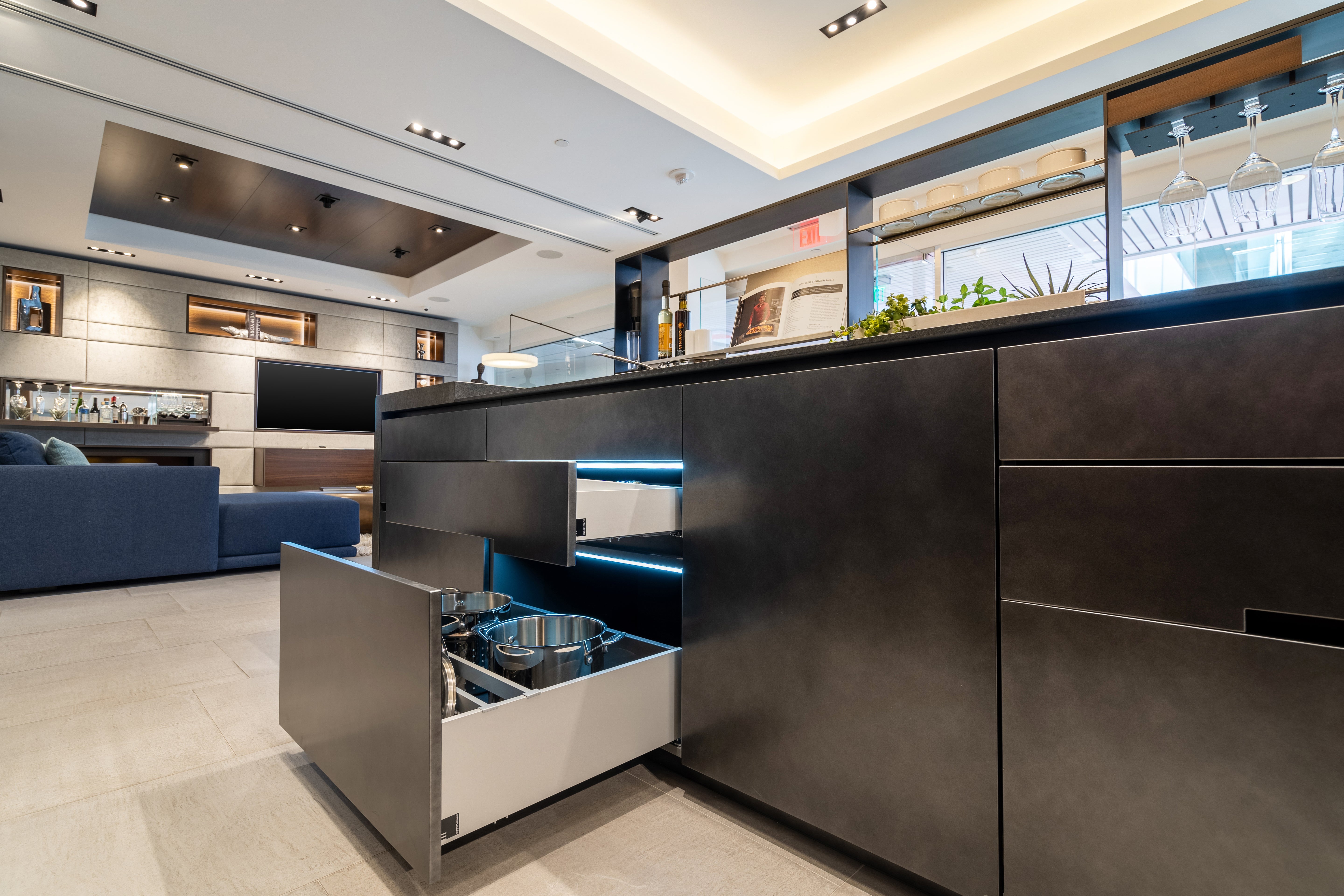 eggersmann Glance Glass and Carbono Stone Island Modern Smoked Oak Kitchen with Gaggenau Appliances