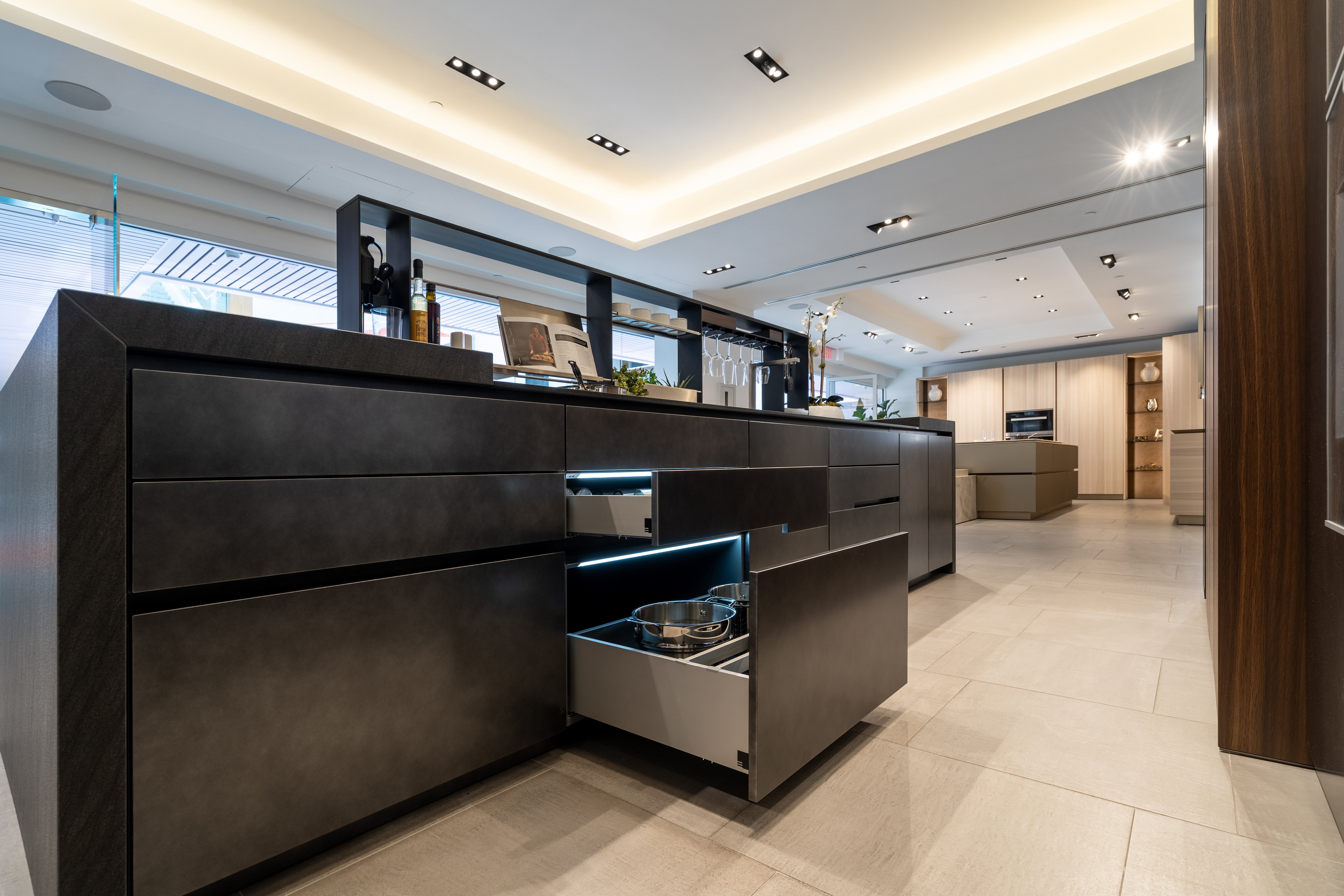 eggersmann Glance Glass and Carbono Stone Island Modern Smoked Oak Kitchen with Gaggenau Appliances