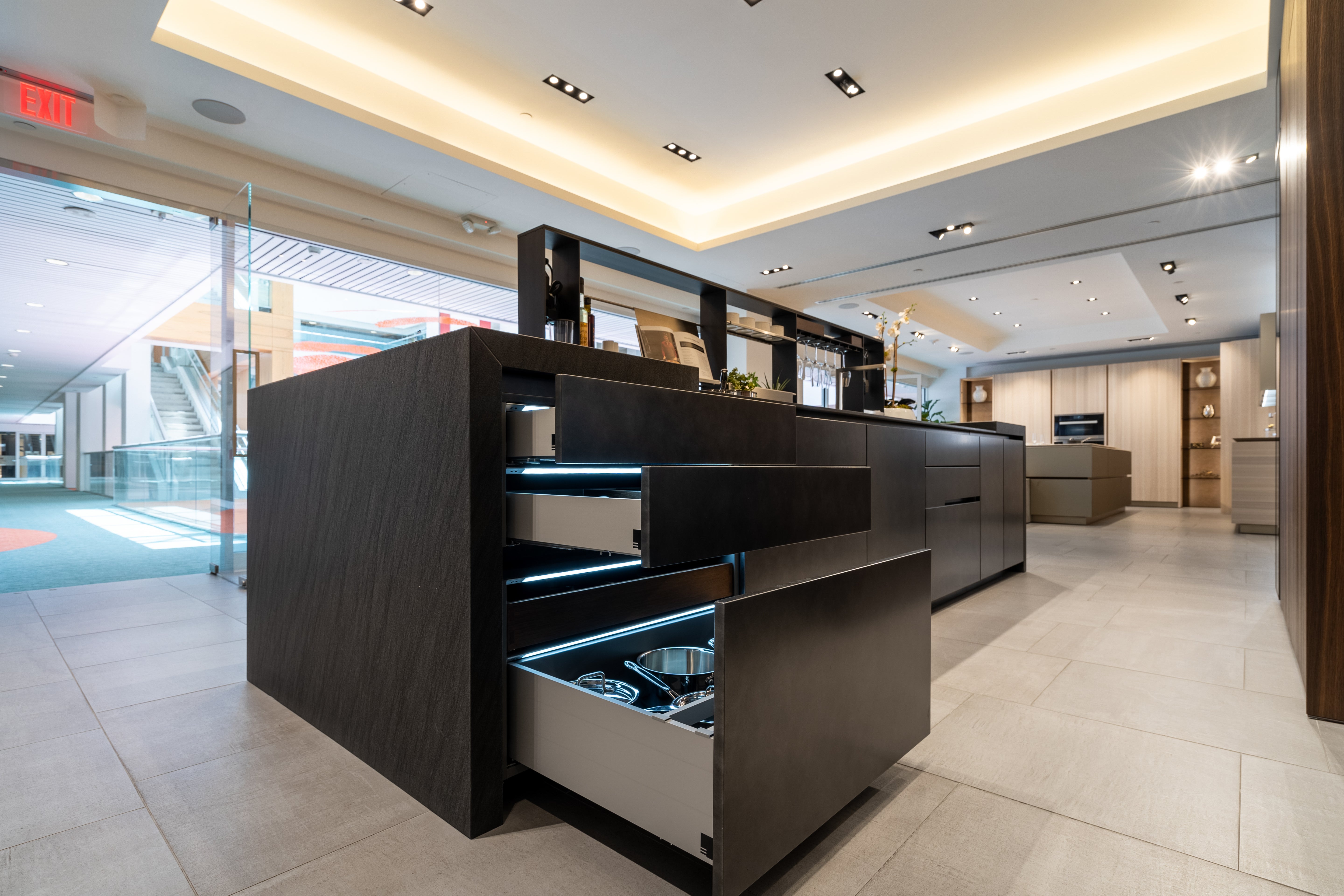 eggersmann Glance Glass and Carbono Stone Island Modern Smoked Oak Kitchen with Gaggenau Appliances