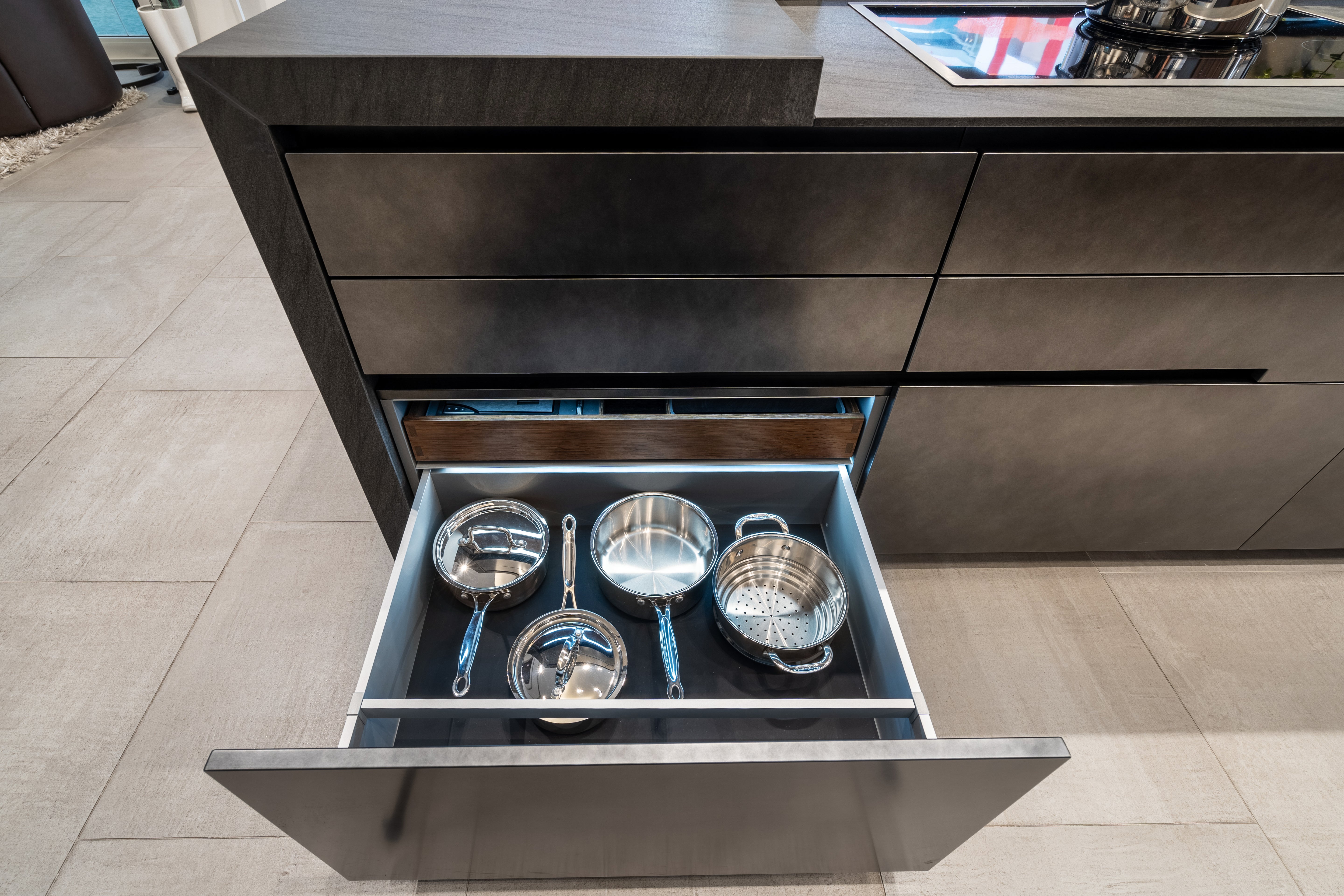 eggersmann Glance Glass and Carbono Stone Island Modern Smoked Oak Kitchen with Gaggenau Appliances
