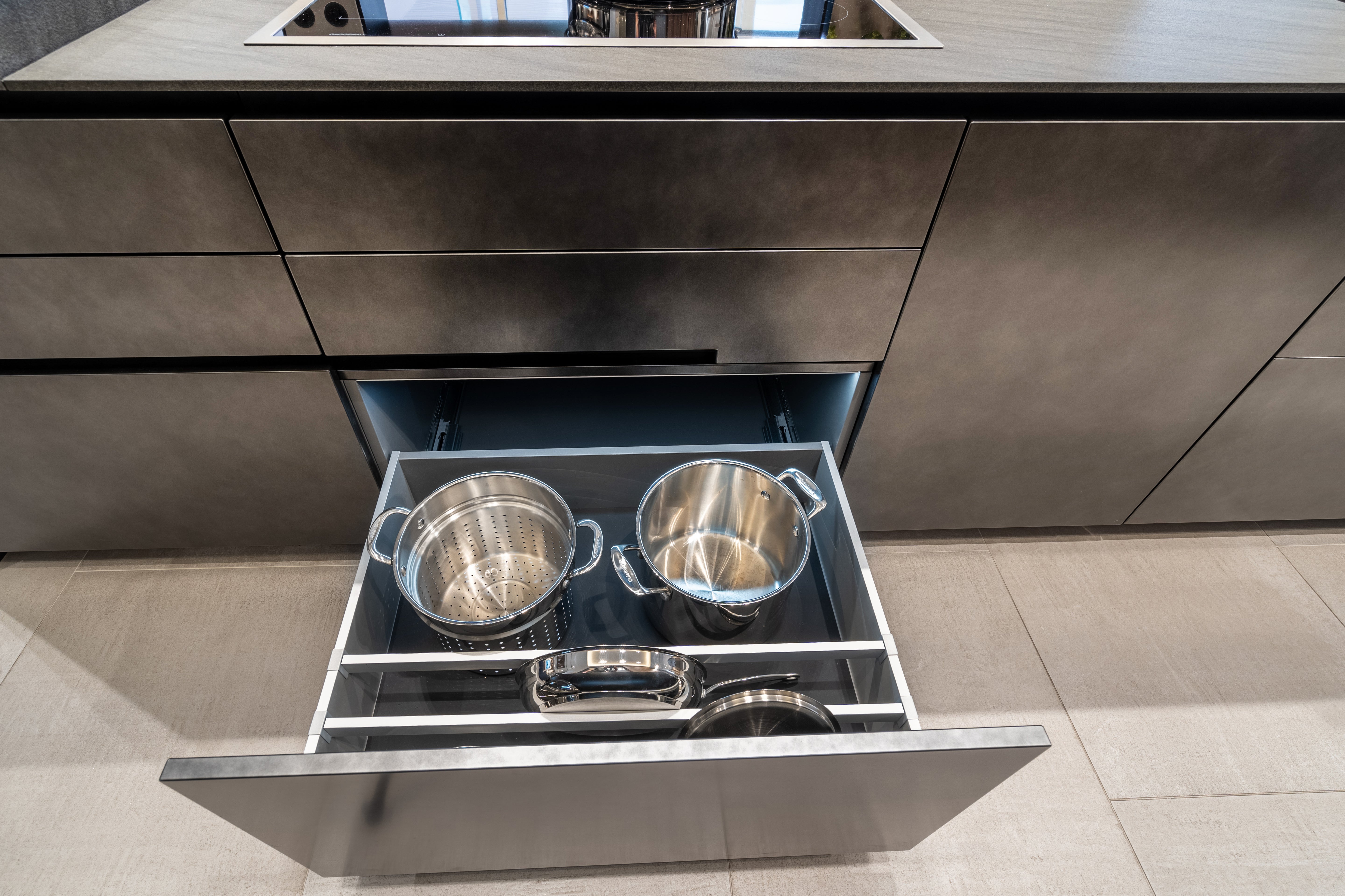 eggersmann Glance Glass and Carbono Stone Island Modern Smoked Oak Kitchen with Gaggenau Appliances