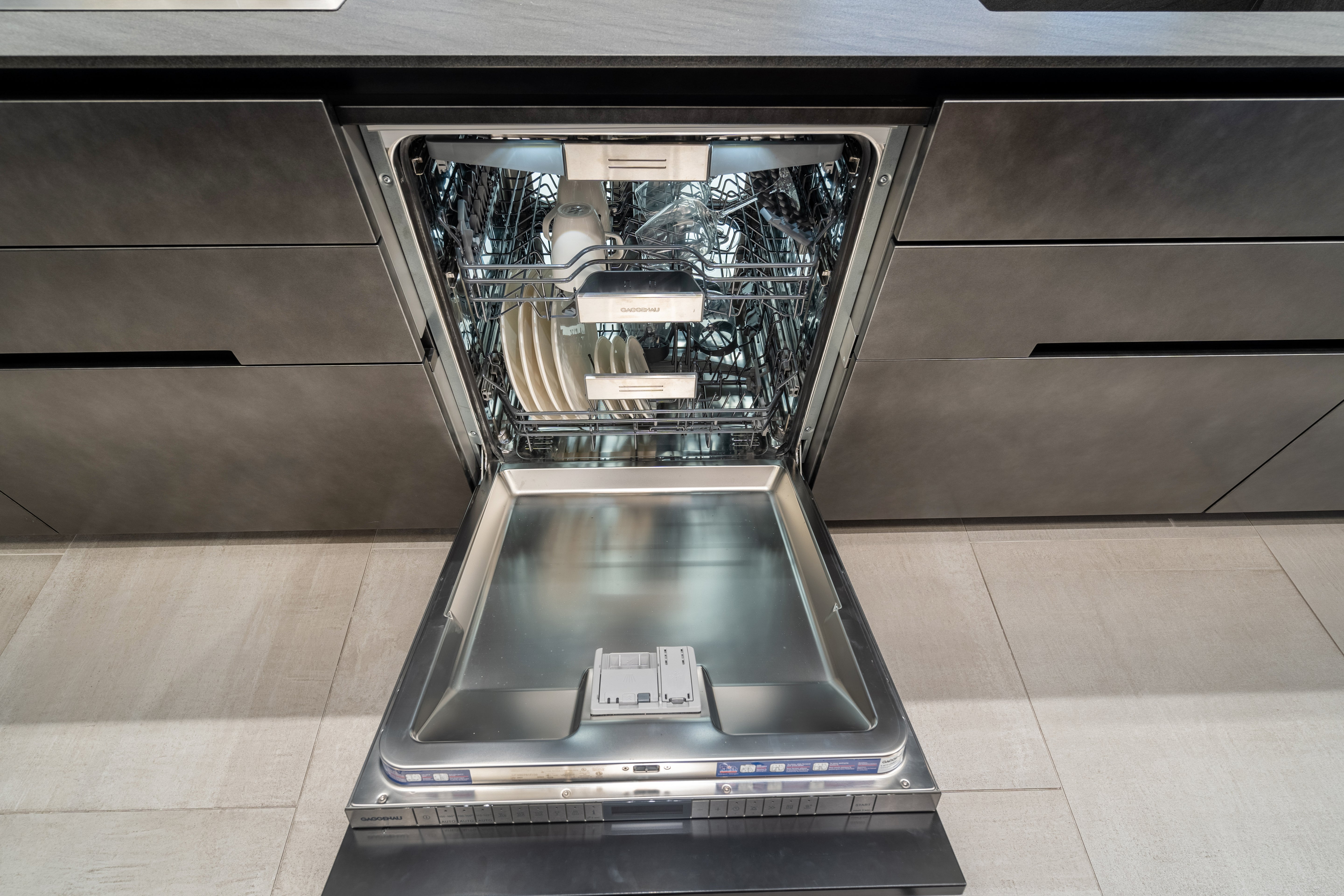 eggersmann Glance Glass and Carbono Stone Island Modern Smoked Oak Kitchen with Gaggenau Appliances