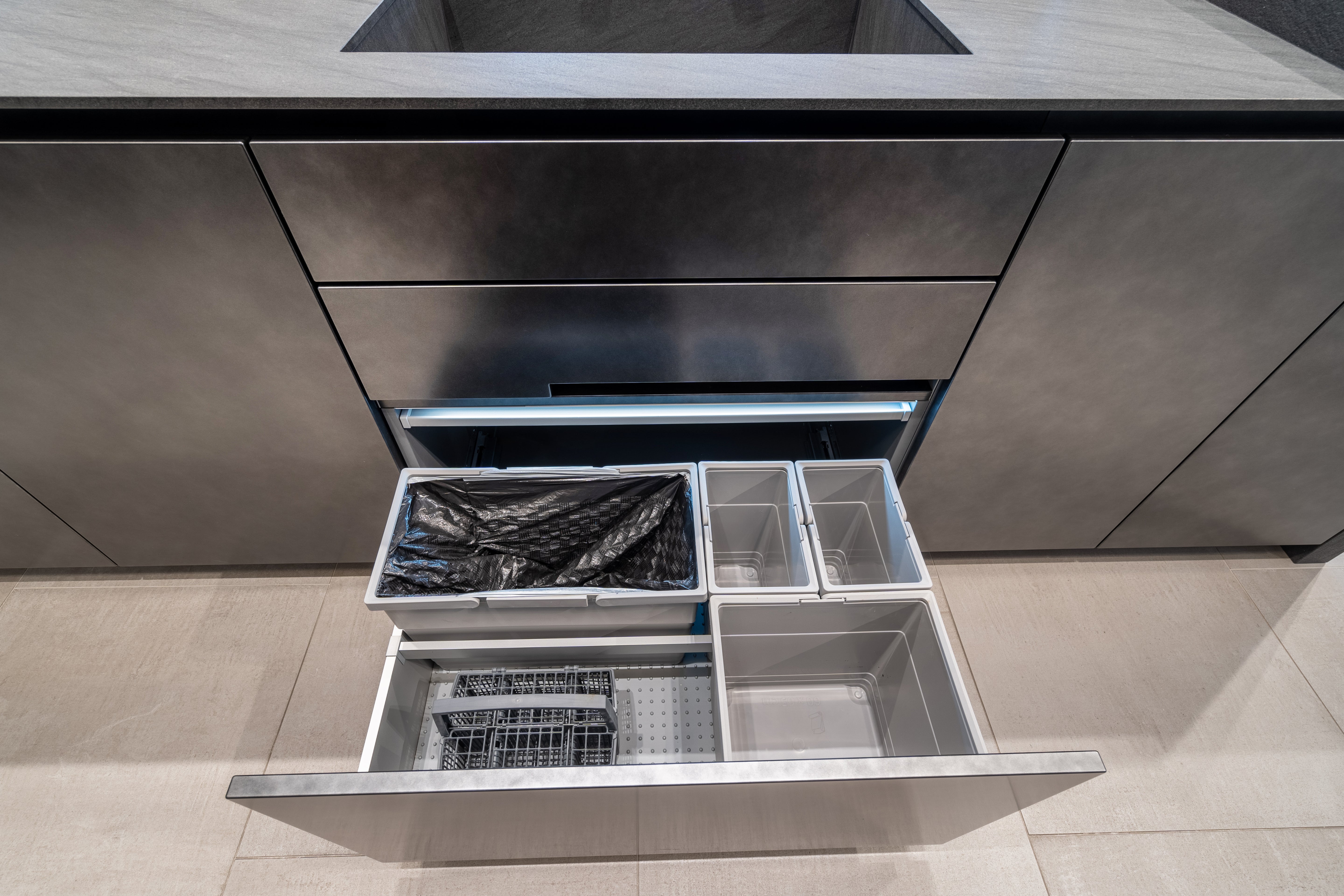 eggersmann Glance Glass and Carbono Stone Island Modern Smoked Oak Kitchen with Gaggenau Appliances