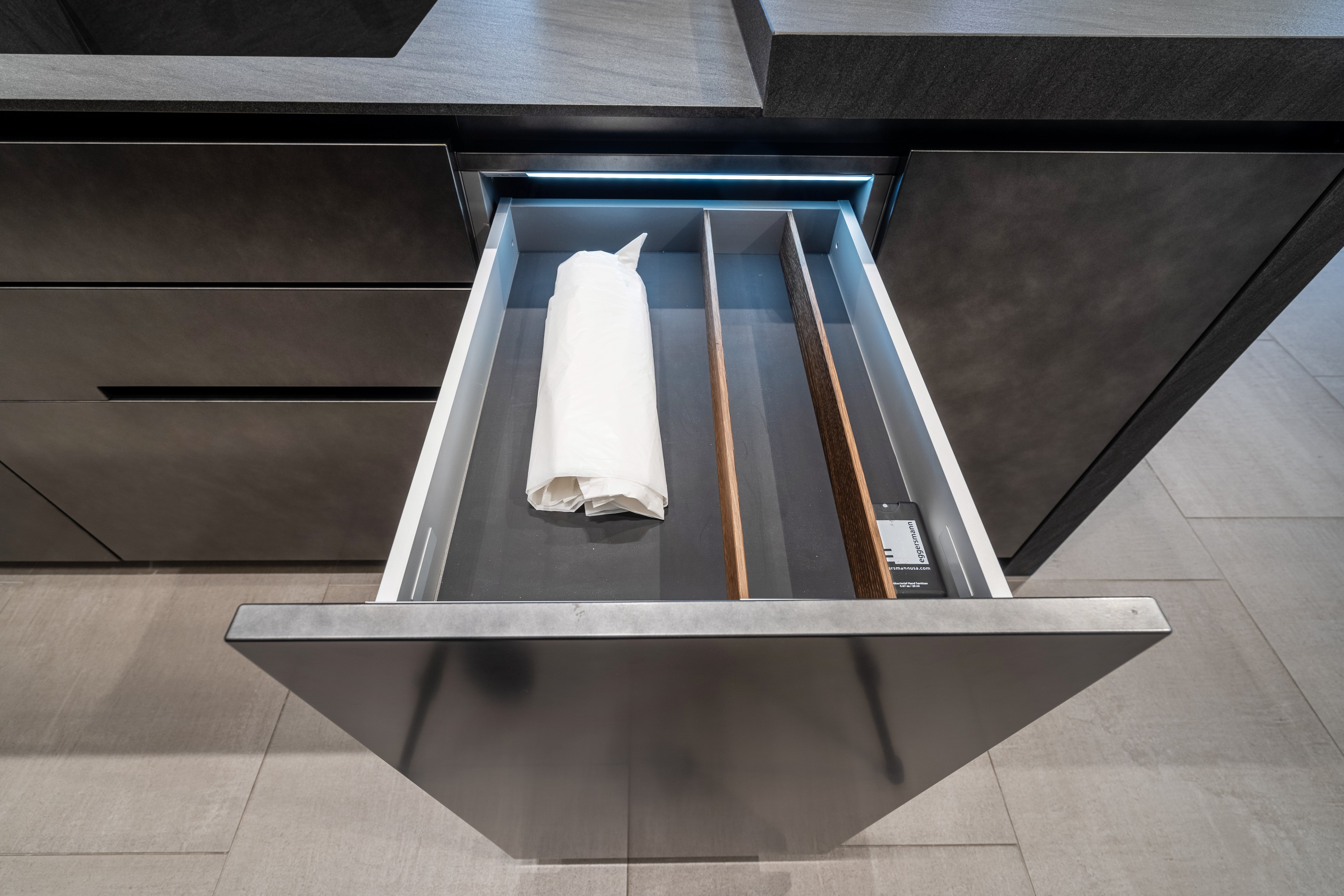 eggersmann Glance Glass and Carbono Stone Island Modern Smoked Oak Kitchen with Gaggenau Appliances