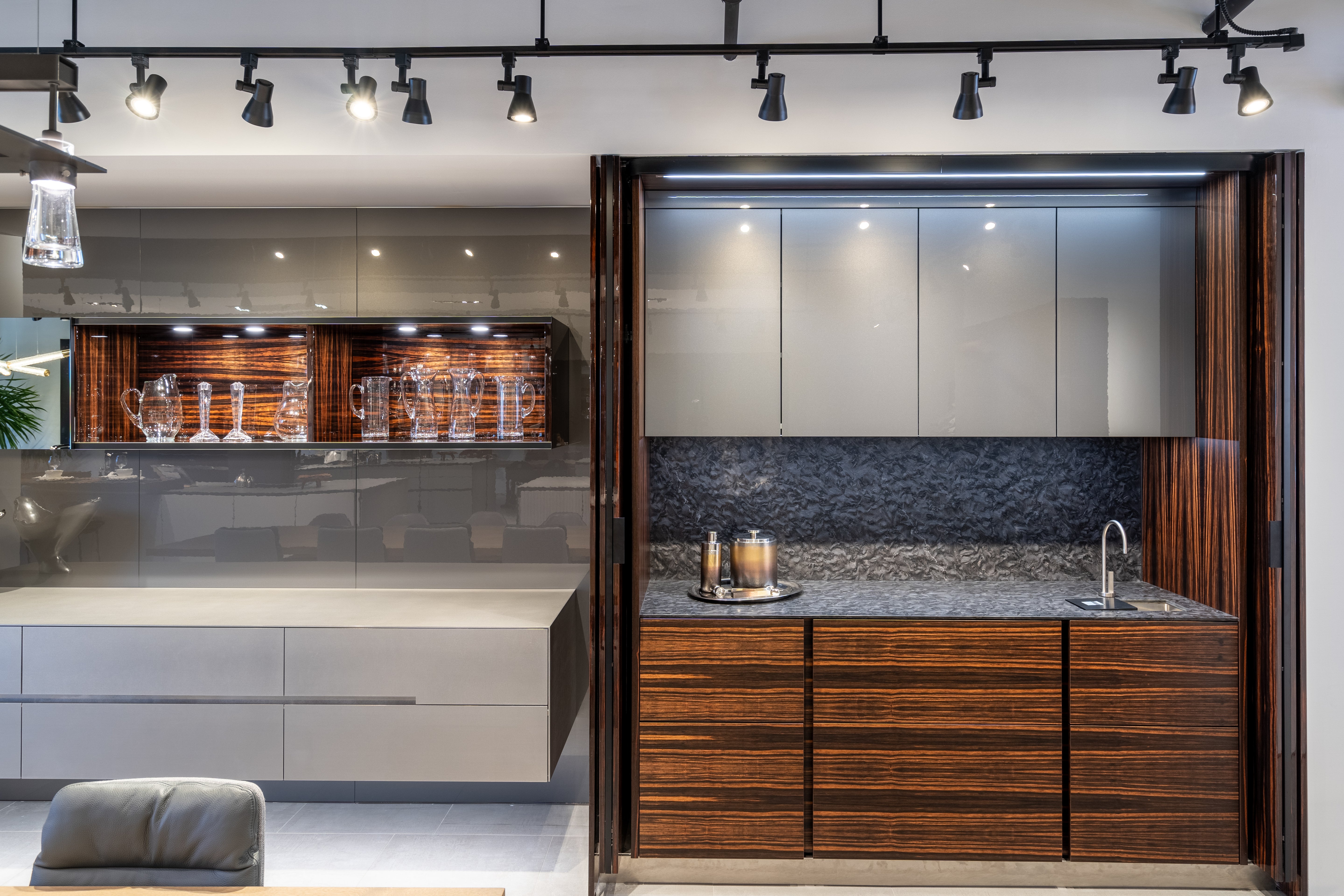 Eggersmann Matte and High Gloss Modern Bar with Makassar Accents and Sliding Mirror Door