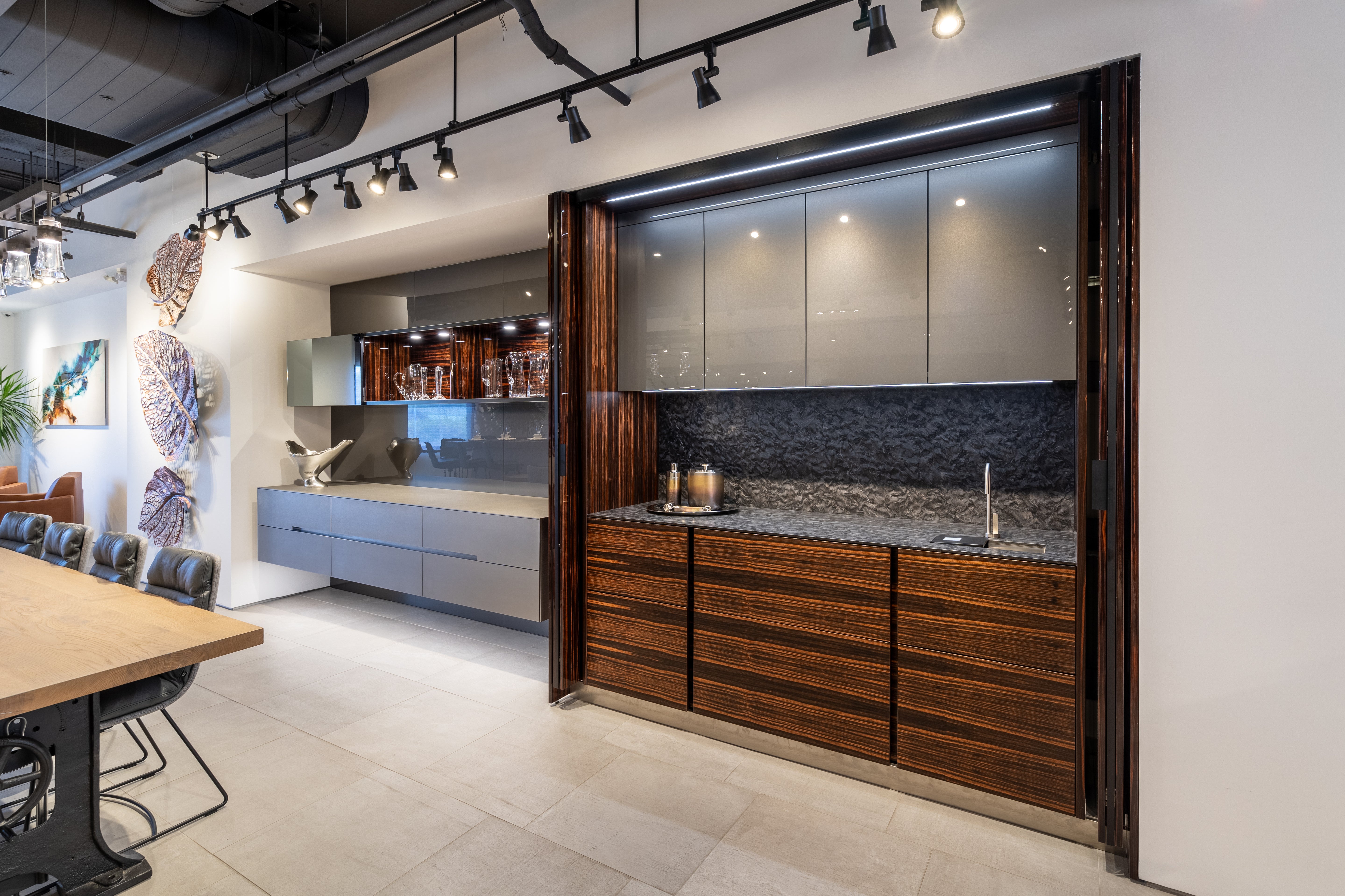 Eggersmann Matte and High Gloss Modern Bar with Makassar Accents and Sliding Mirror Door