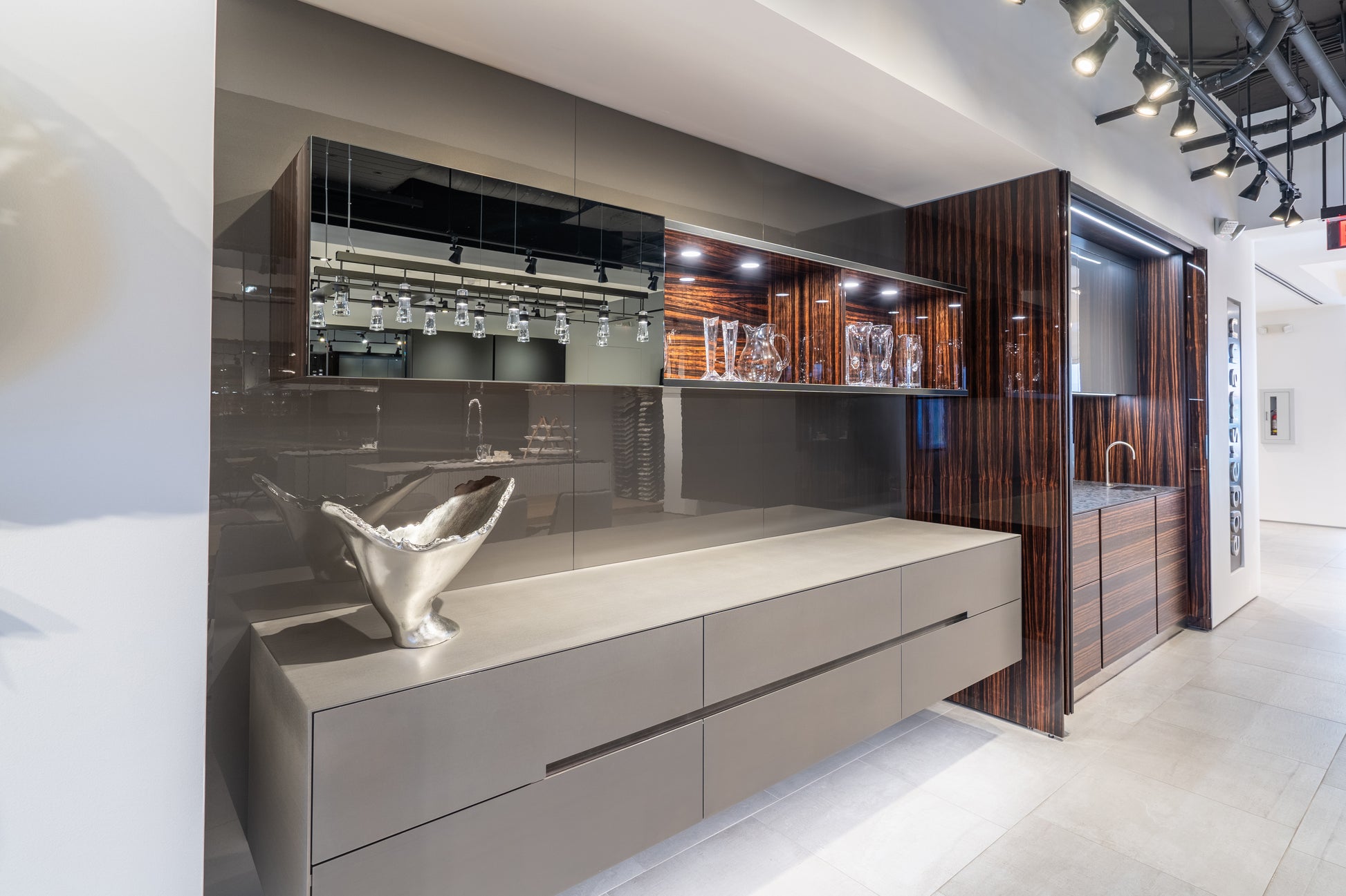 Eggersmann Matte and High Gloss Modern Bar with Makassar Accents and Sliding Mirror Door