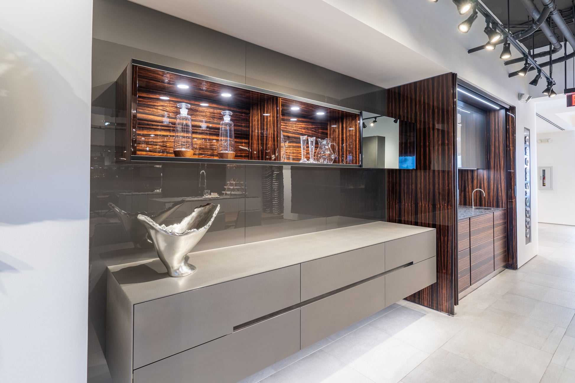 Eggersmann Matte and High Gloss Modern Bar with Makassar Accents and Sliding Mirror Door