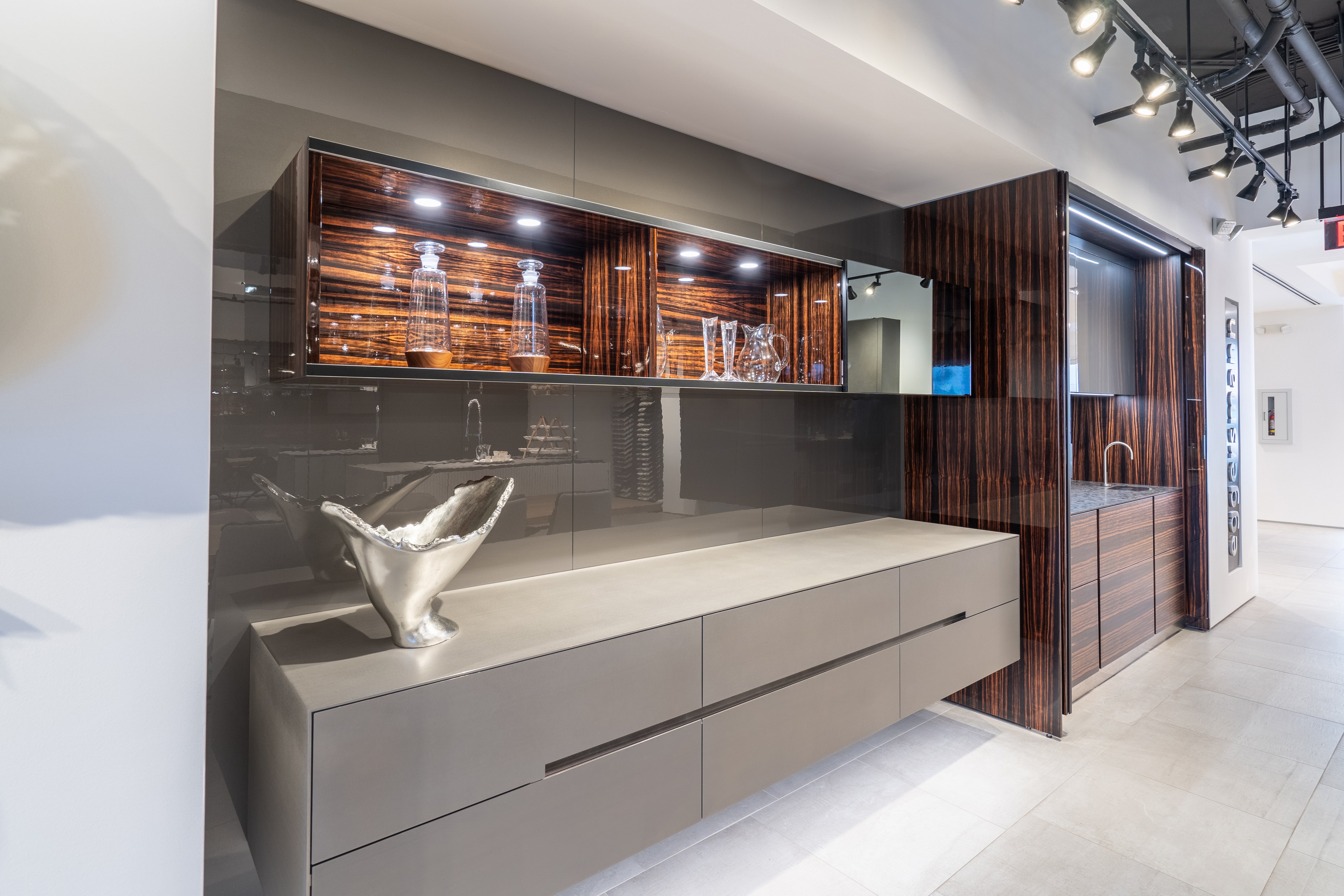 Eggersmann Matte and High Gloss Modern Bar with Makassar Accents and Sliding Mirror Door