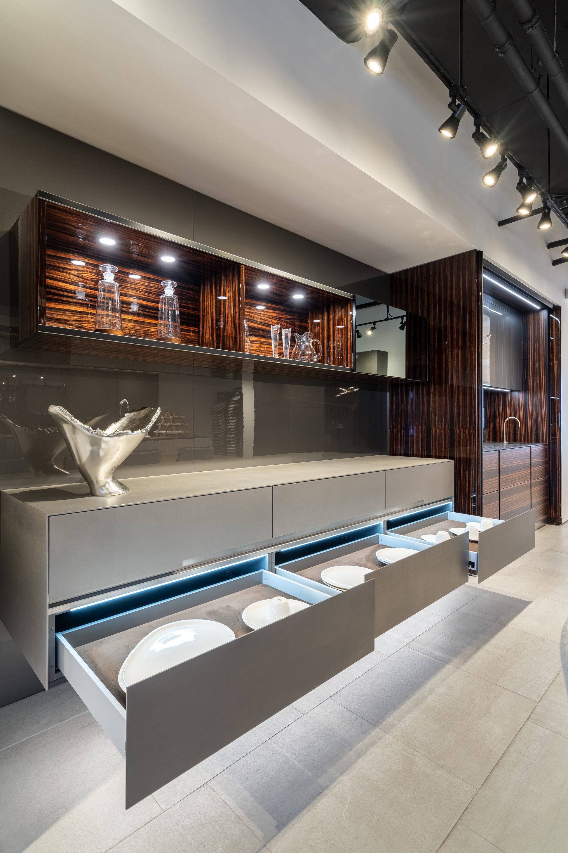 Eggersmann Matte and High Gloss Modern Bar with Makassar Accents and Sliding Mirror Door