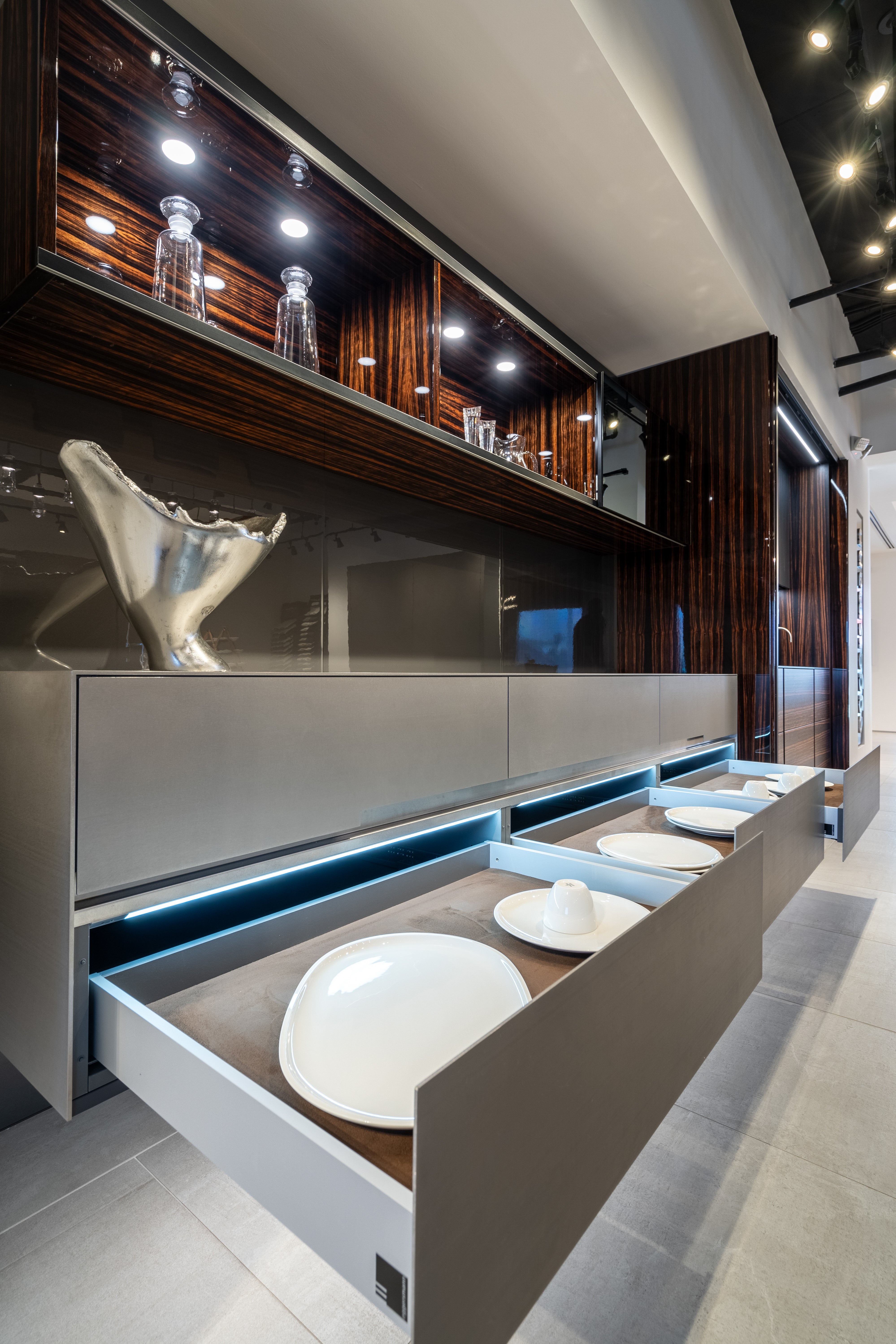 eggersmann Matte and High Gloss Modern Bar with Makassar Accents and Sliding Mirror Door