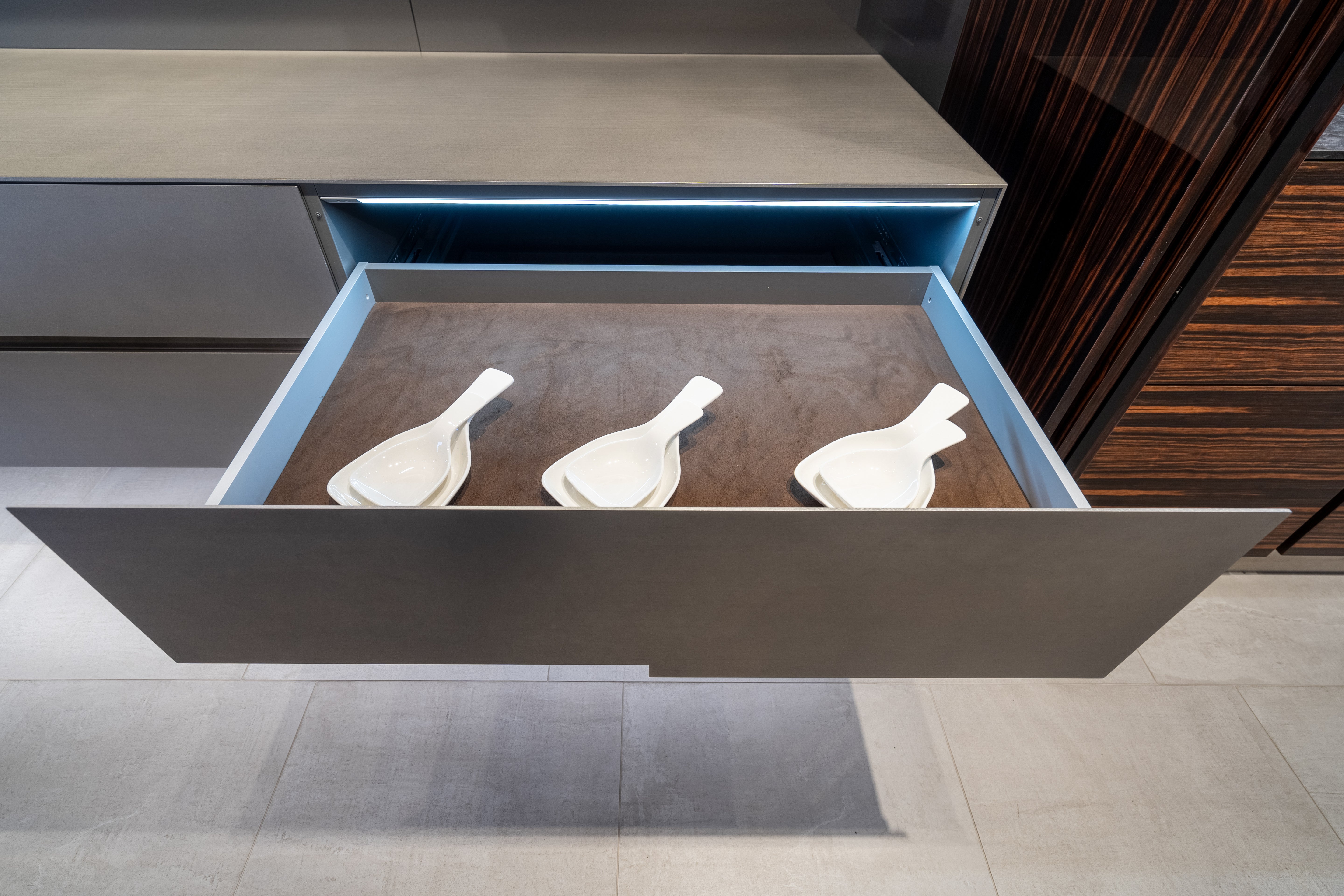 eggersmann Matte and High Gloss Modern Bar with Makassar Accents and Sliding Mirror Door