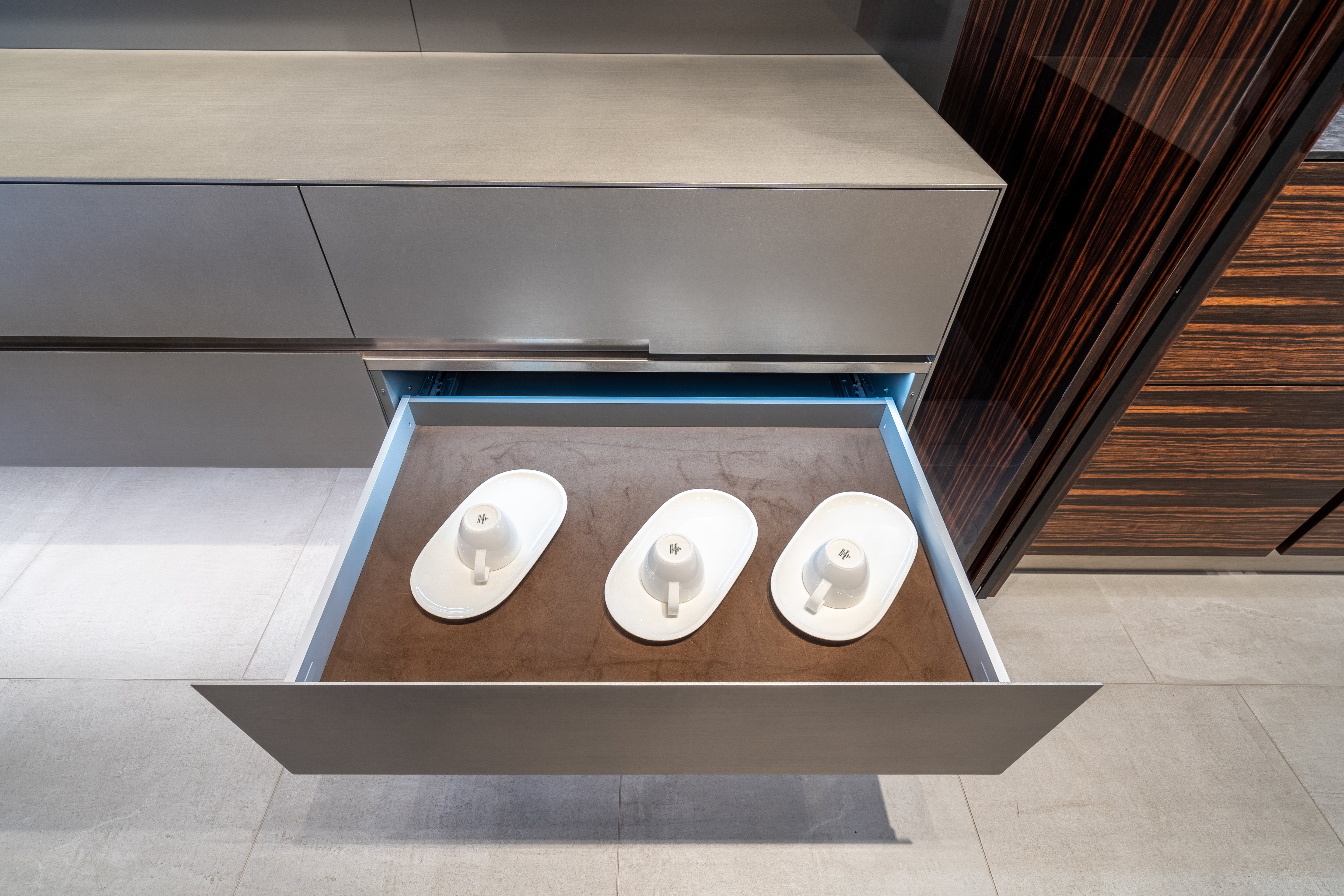 eggersmann Matte and High Gloss Modern Bar with Makassar Accents and Sliding Mirror Door