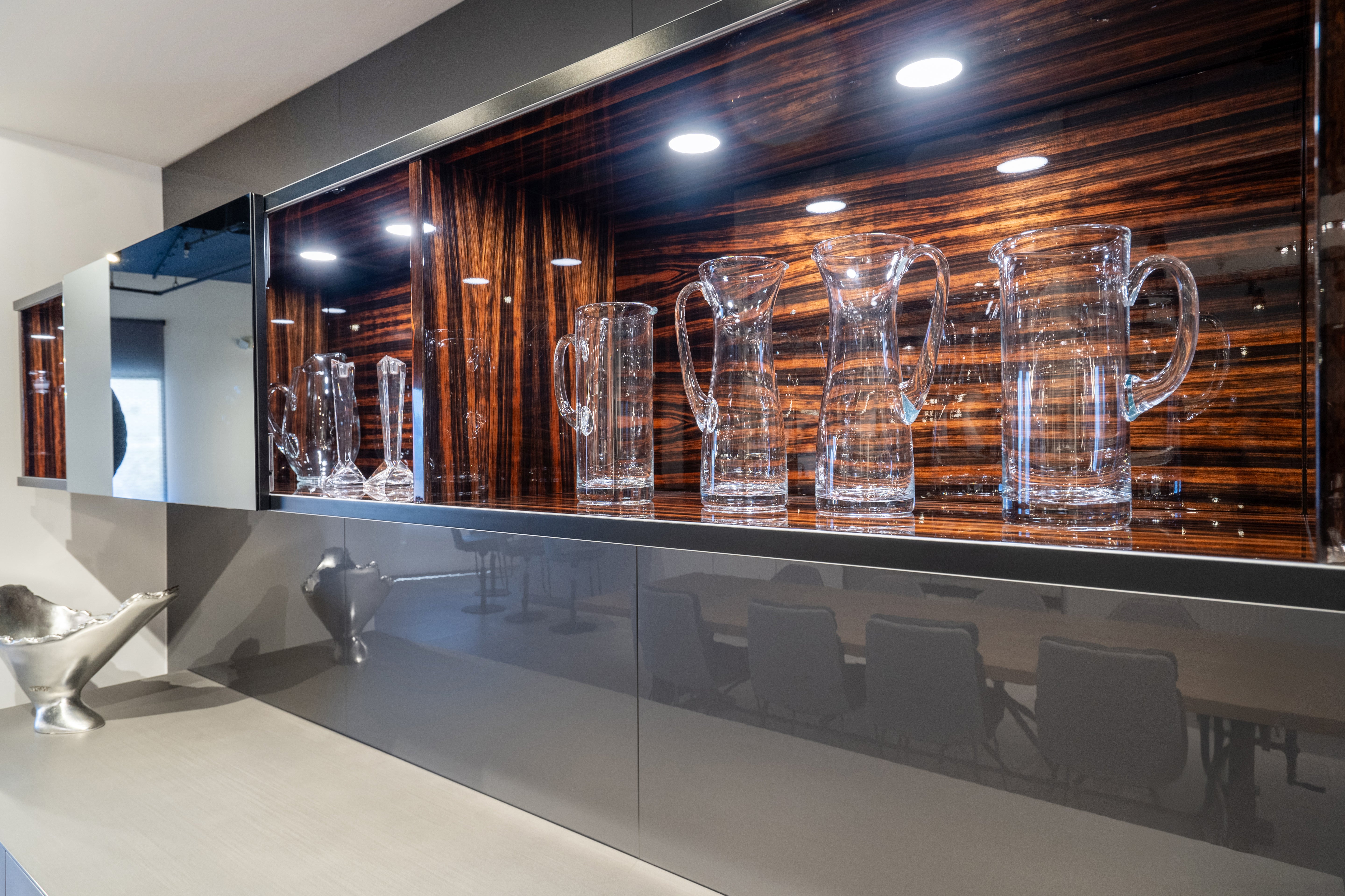 eggersmann Matte and High Gloss Modern Bar with Makassar Accents and Sliding Mirror Door