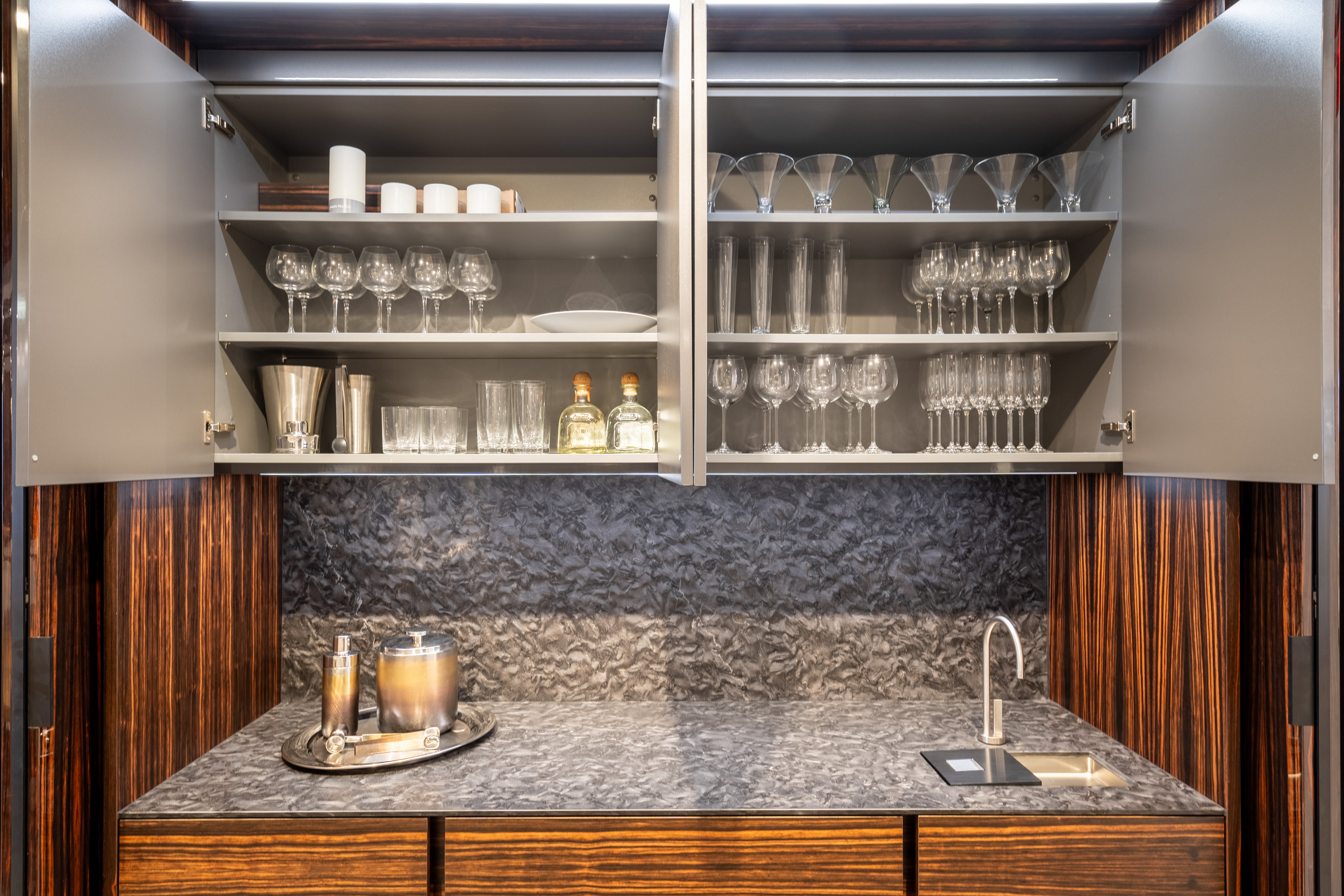 eggersmann Matte and High Gloss Modern Bar with Makassar Accents and Sliding Mirror Door