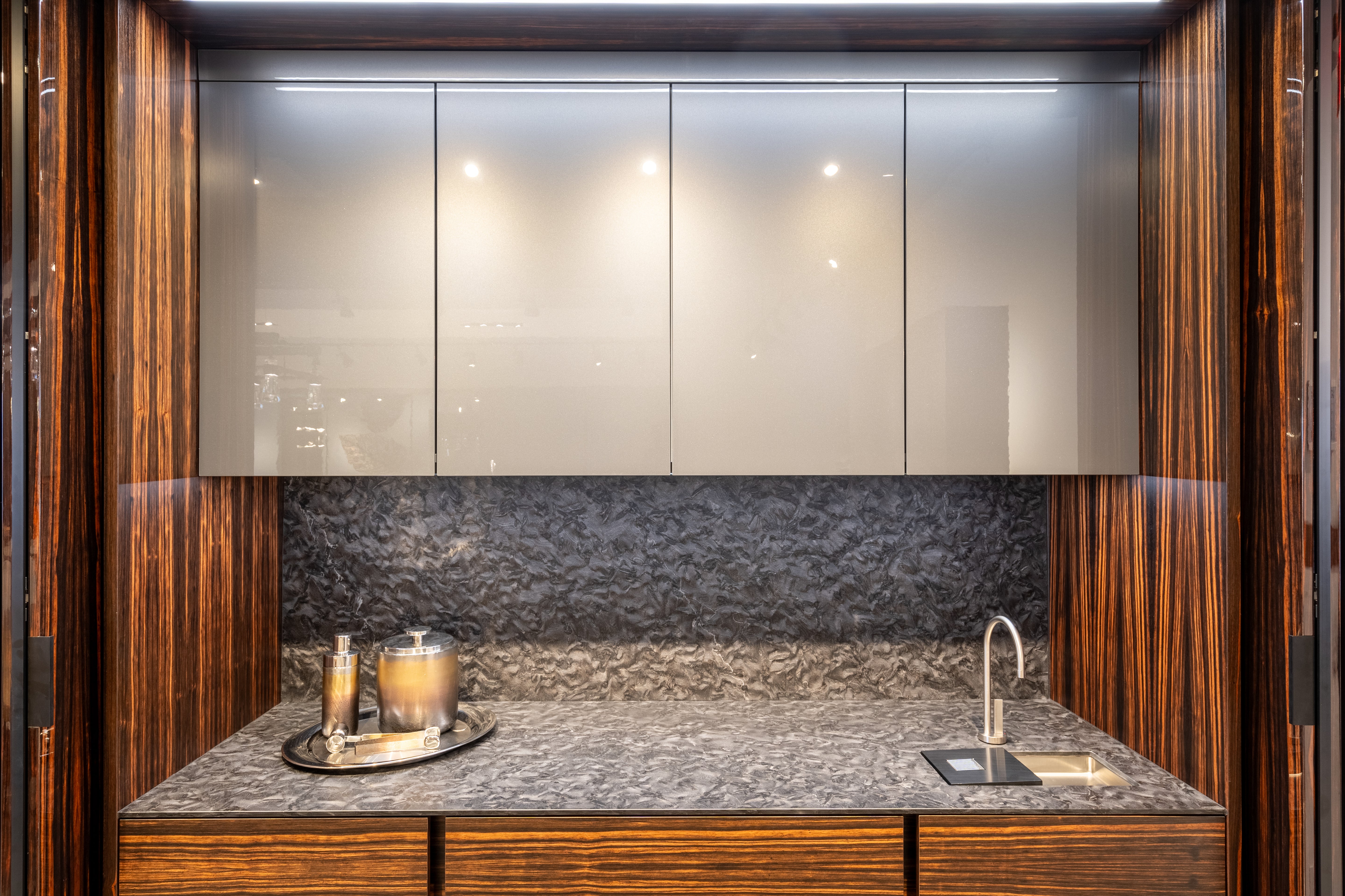 eggersmann Matte and High Gloss Modern Bar with Makassar Accents and Sliding Mirror Door