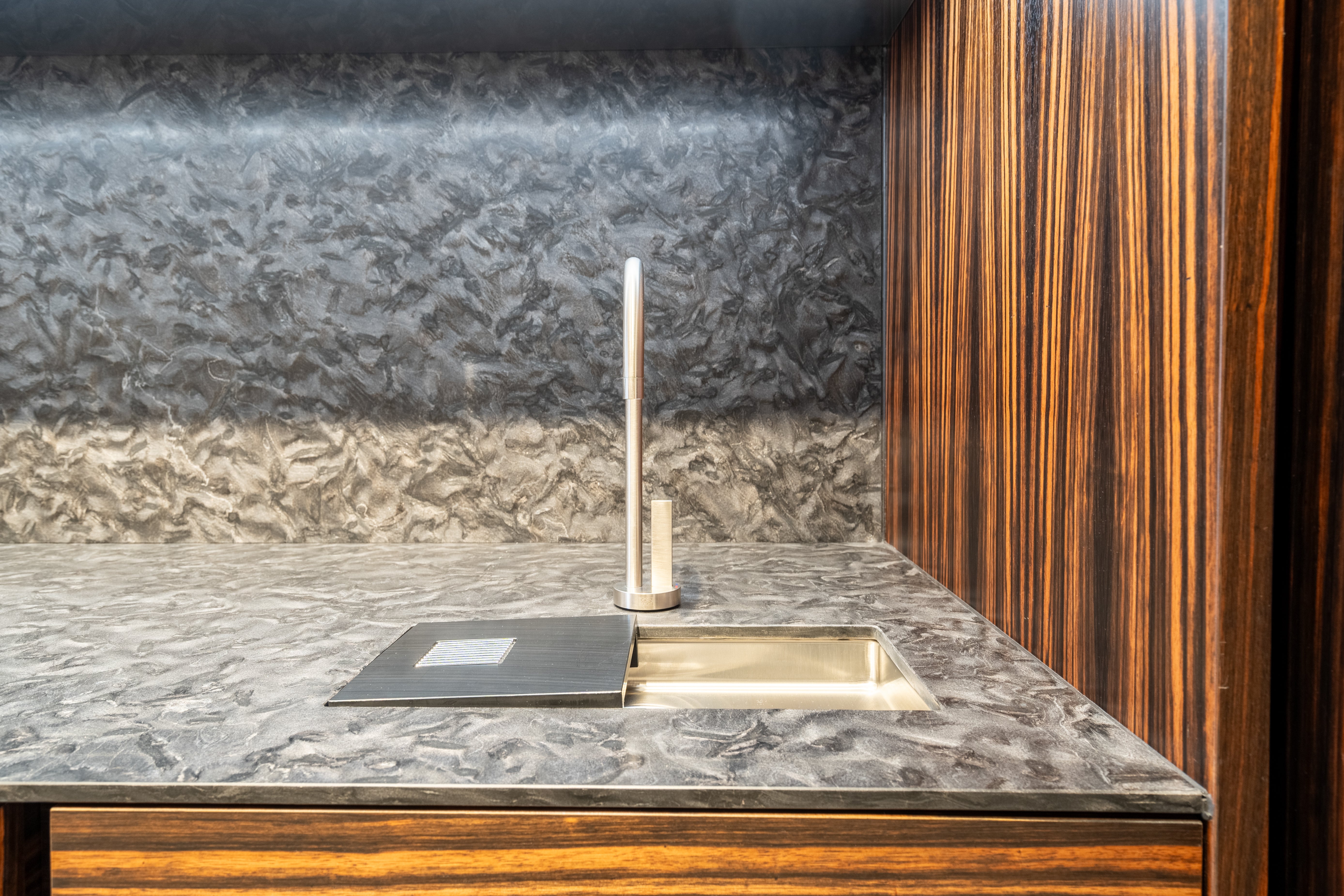 eggersmann Matte and High Gloss Modern Bar with Makassar Accents and Sliding Mirror Door