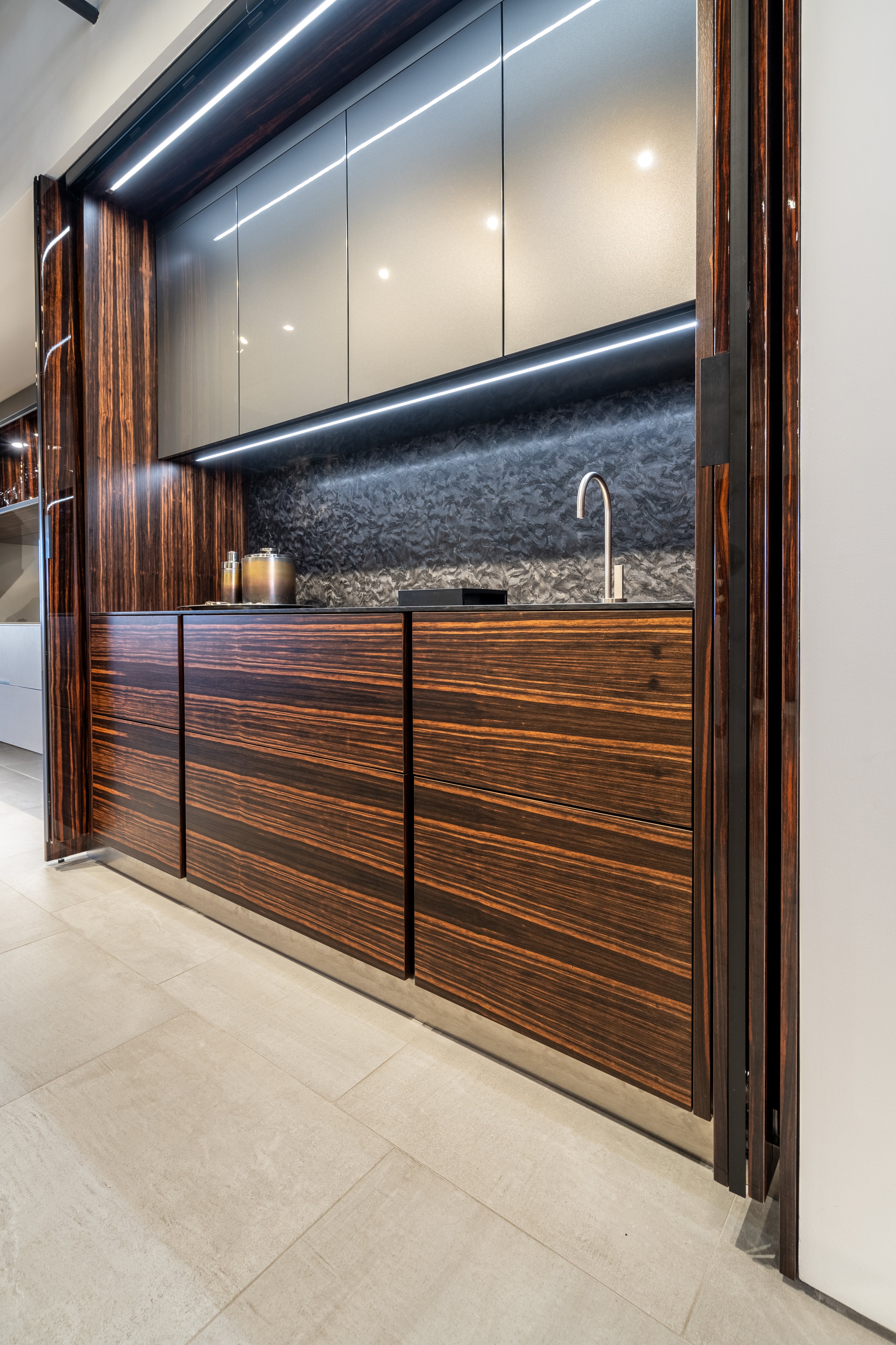 eggersmann Matte and High Gloss Modern Bar with Makassar Accents and Sliding Mirror Door