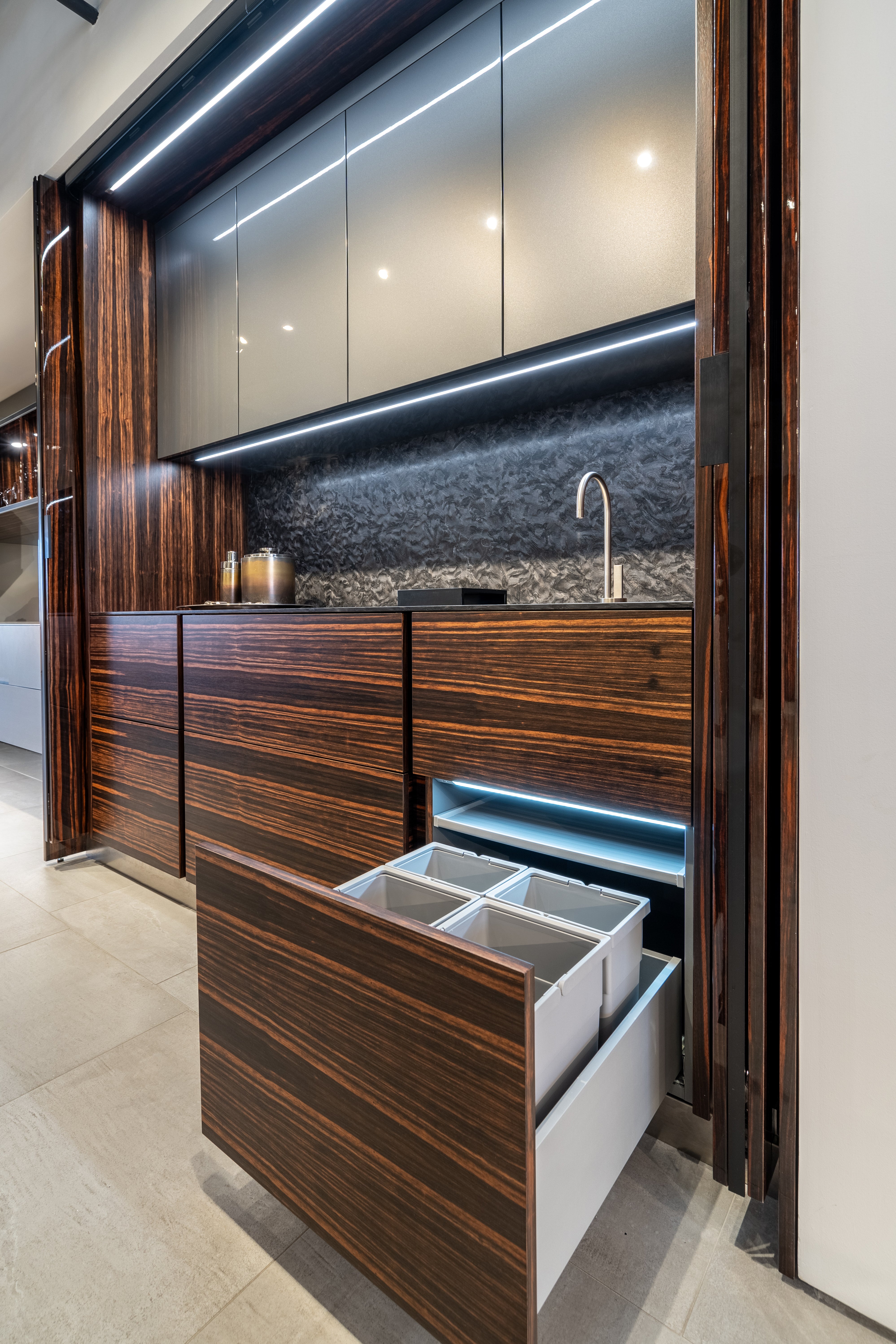 eggersmann Matte and High Gloss Modern Bar with Makassar Accents and Sliding Mirror Door