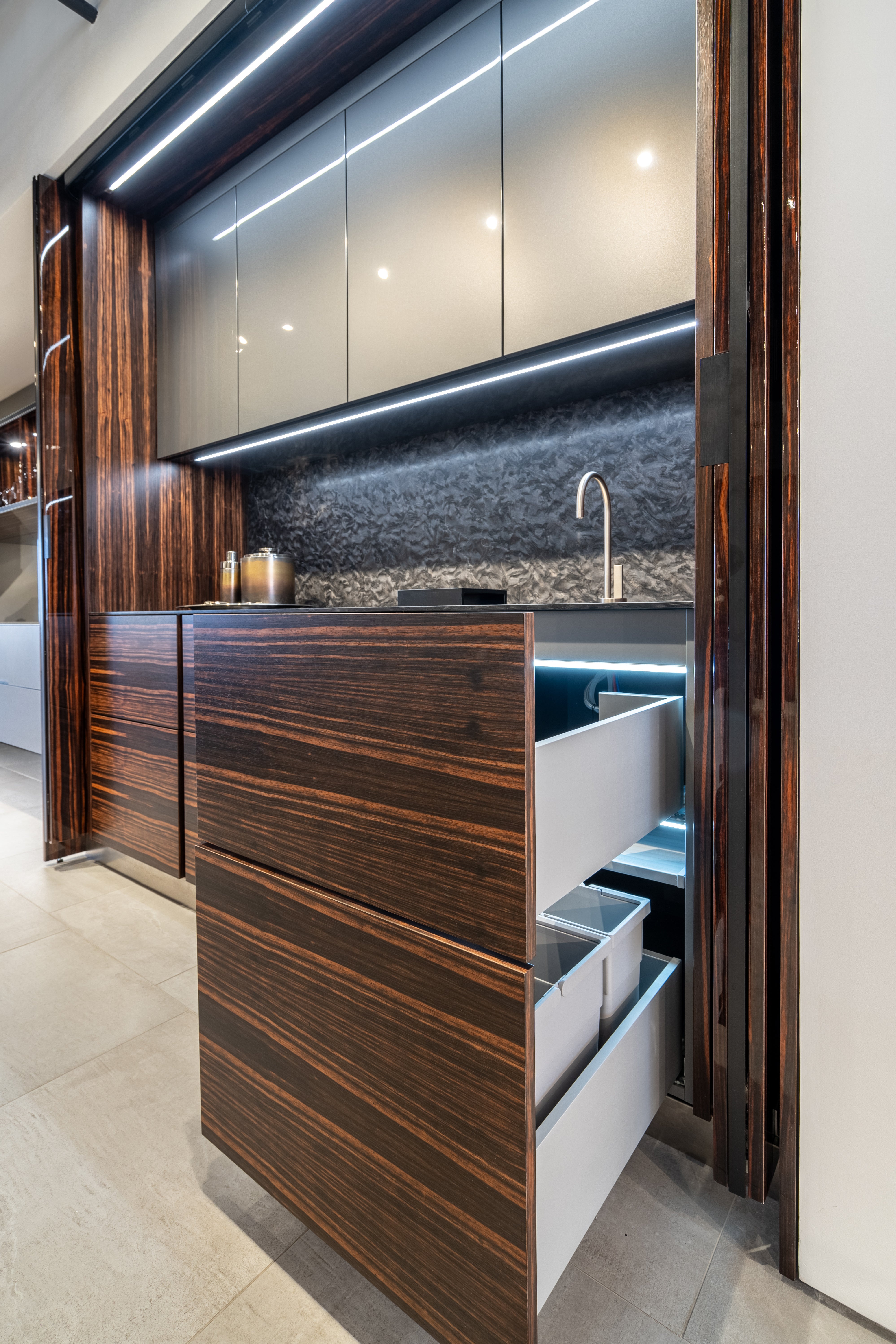 eggersmann Matte and High Gloss Modern Bar with Makassar Accents and Sliding Mirror Door