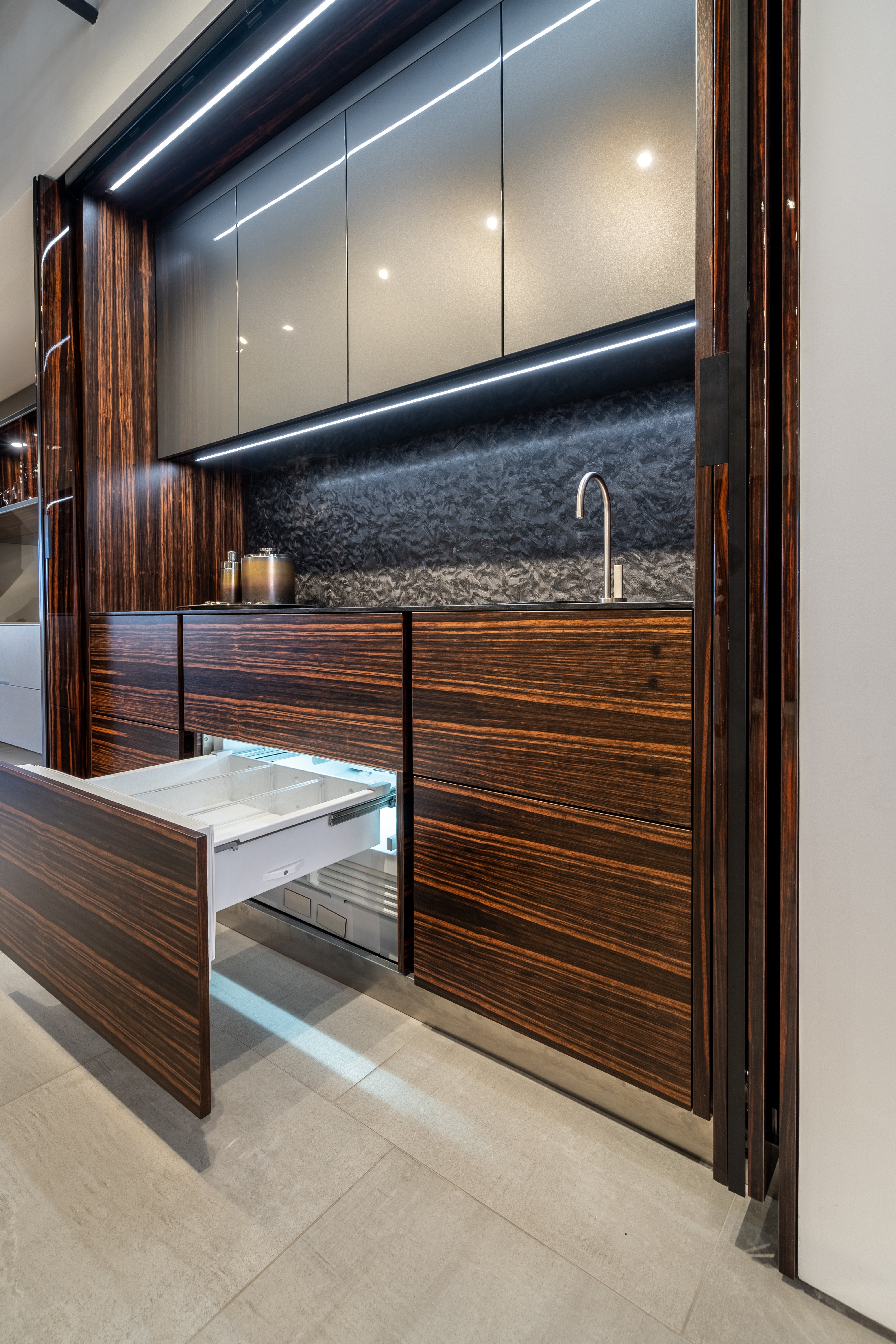 eggersmann Matte and High Gloss Modern Bar with Makassar Accents and Sliding Mirror Door