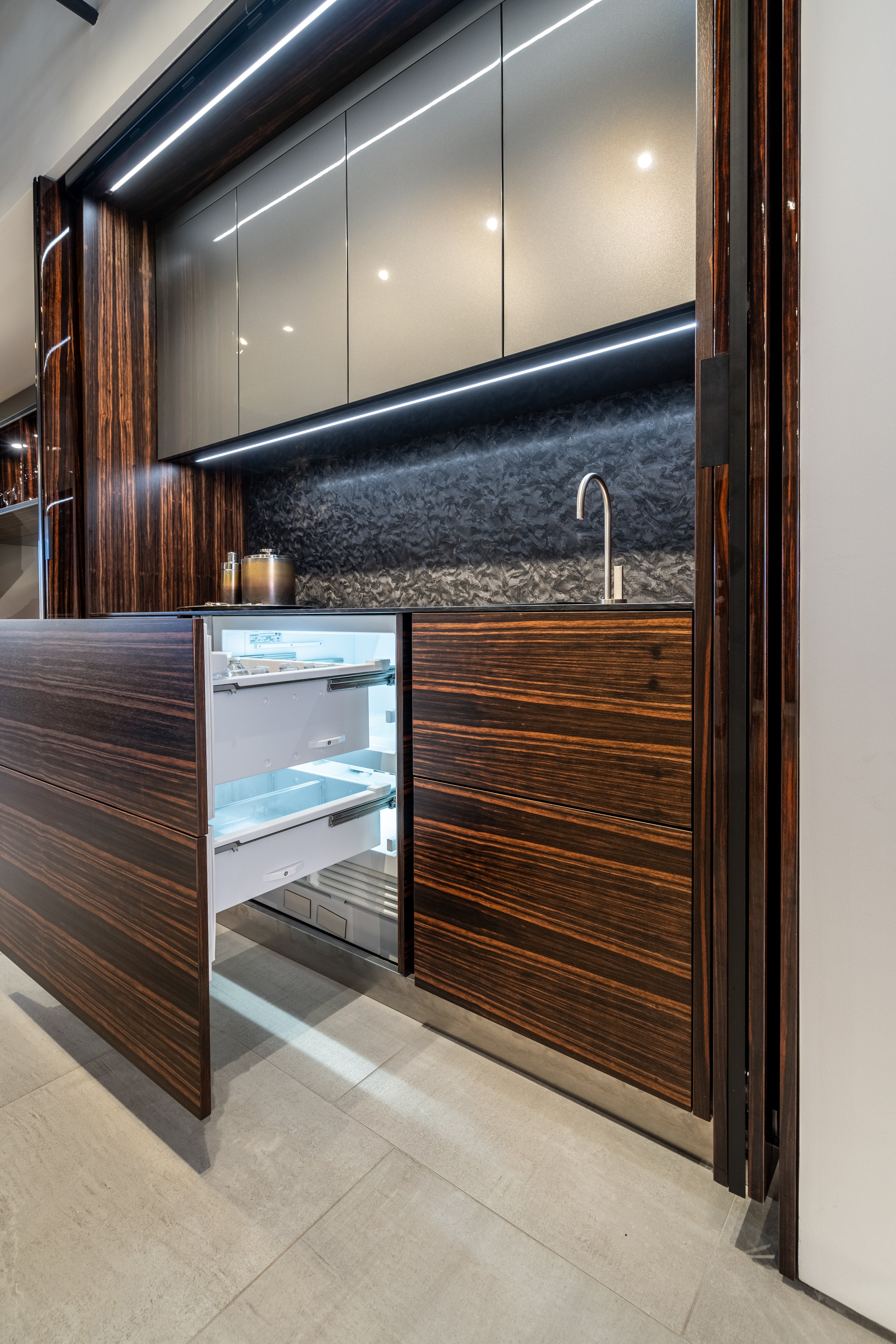 eggersmann Matte and High Gloss Modern Bar with Makassar Accents and Sliding Mirror Door