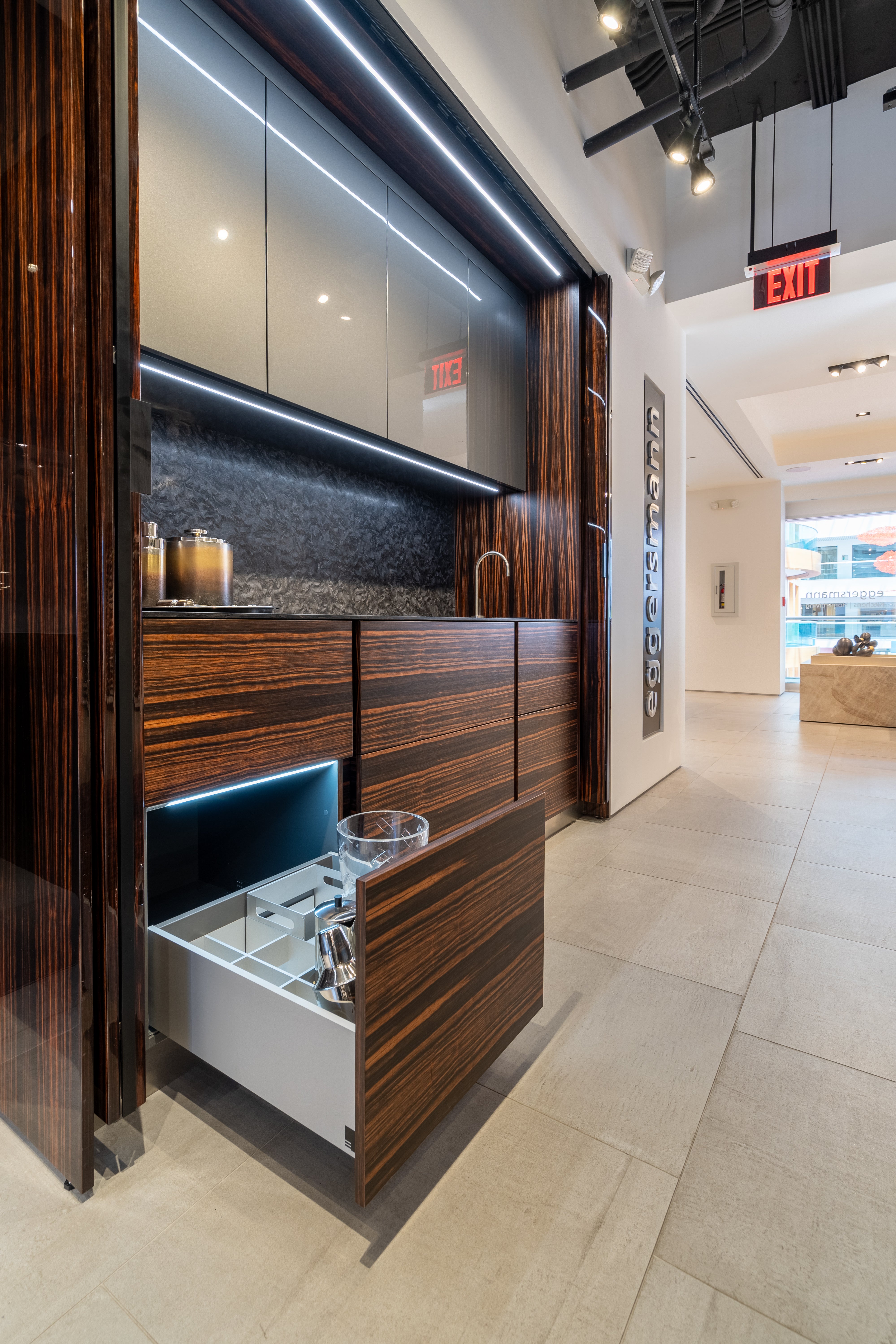 eggersmann Matte and High Gloss Modern Bar with Makassar Accents and Sliding Mirror Door