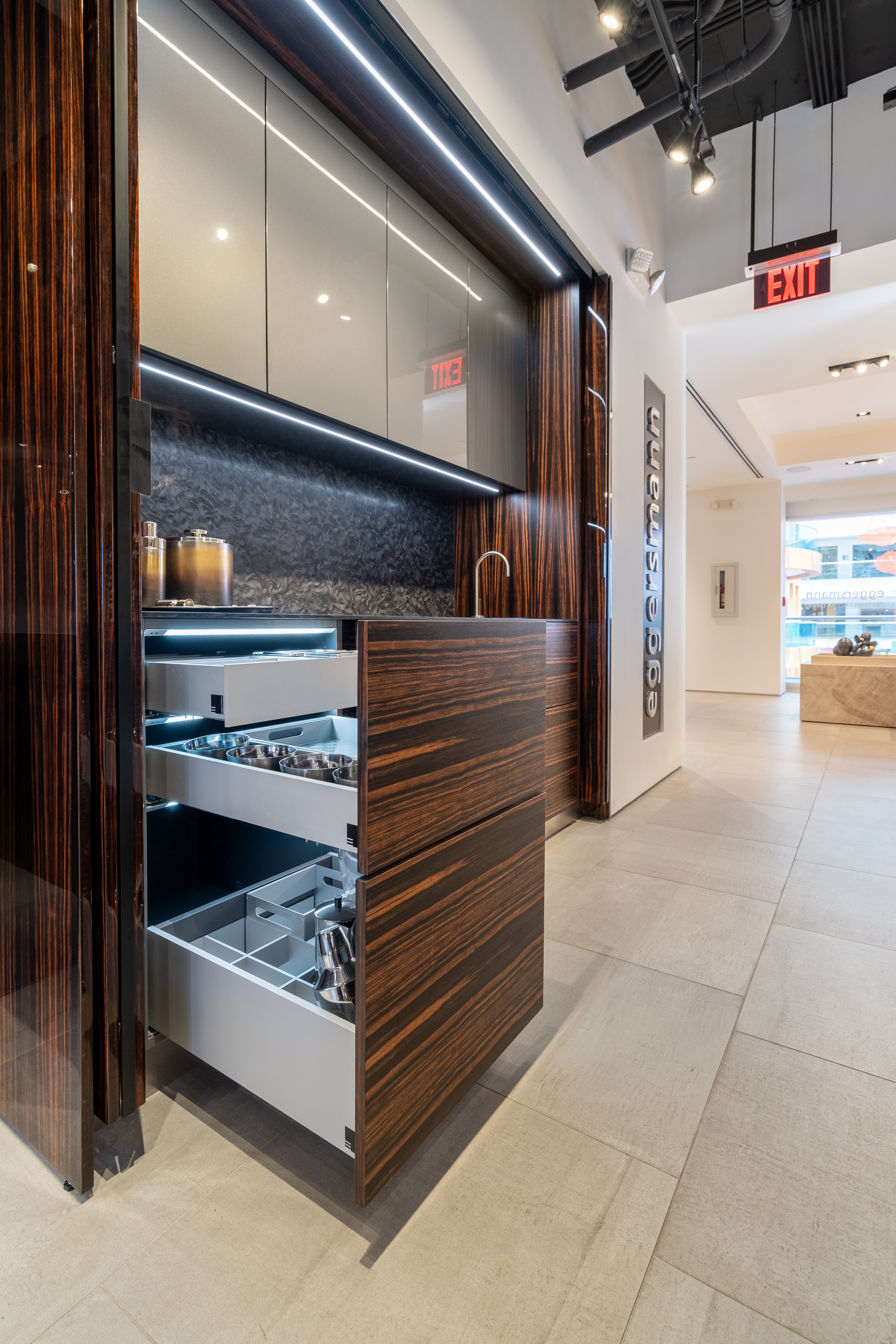 eggersmann Matte and High Gloss Modern Bar with Makassar Accents and Sliding Mirror Door