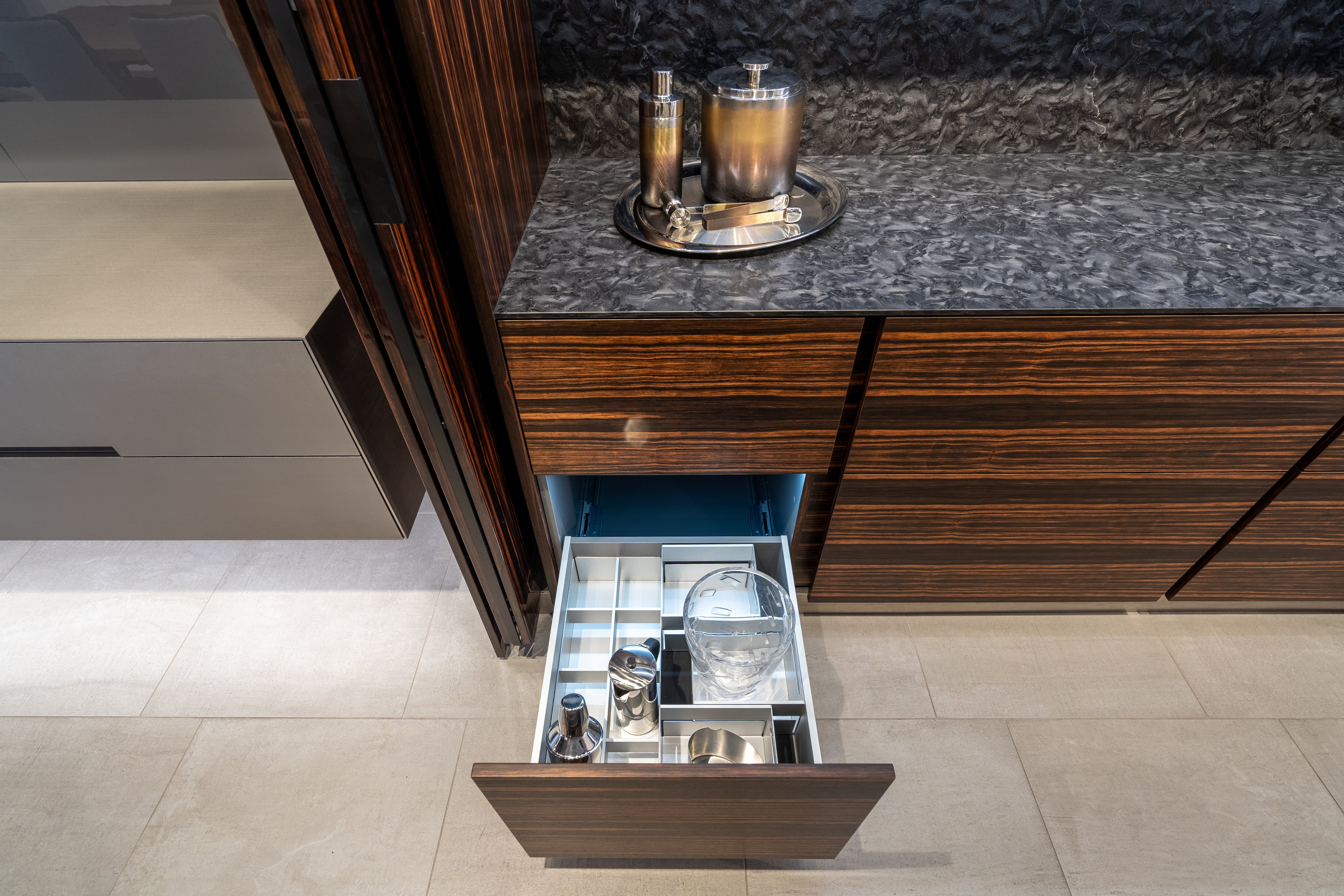 eggersmann Matte and High Gloss Modern Bar with Makassar Accents and Sliding Mirror Door