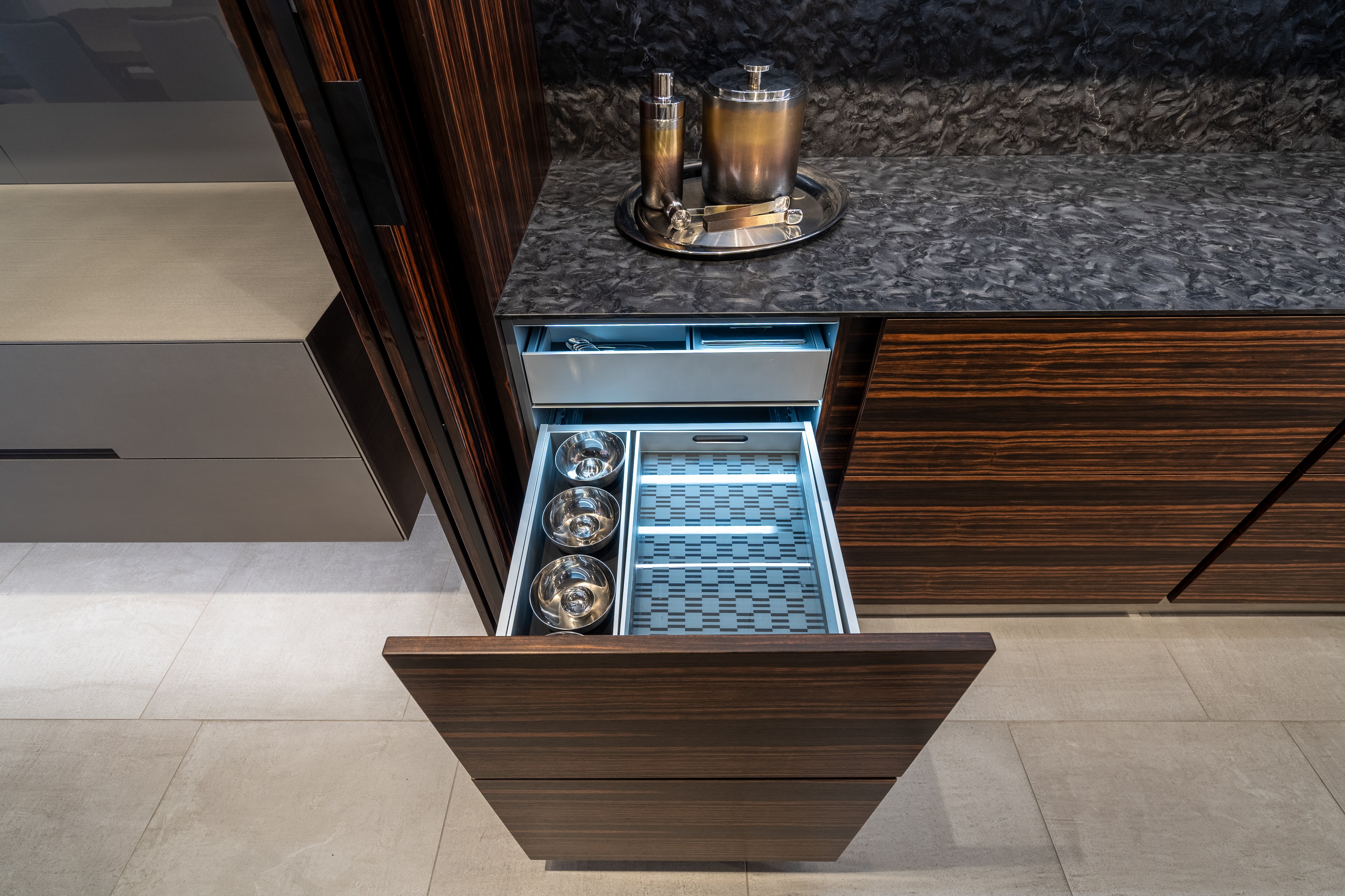 eggersmann Matte and High Gloss Modern Bar with Makassar Accents and Sliding Mirror Door