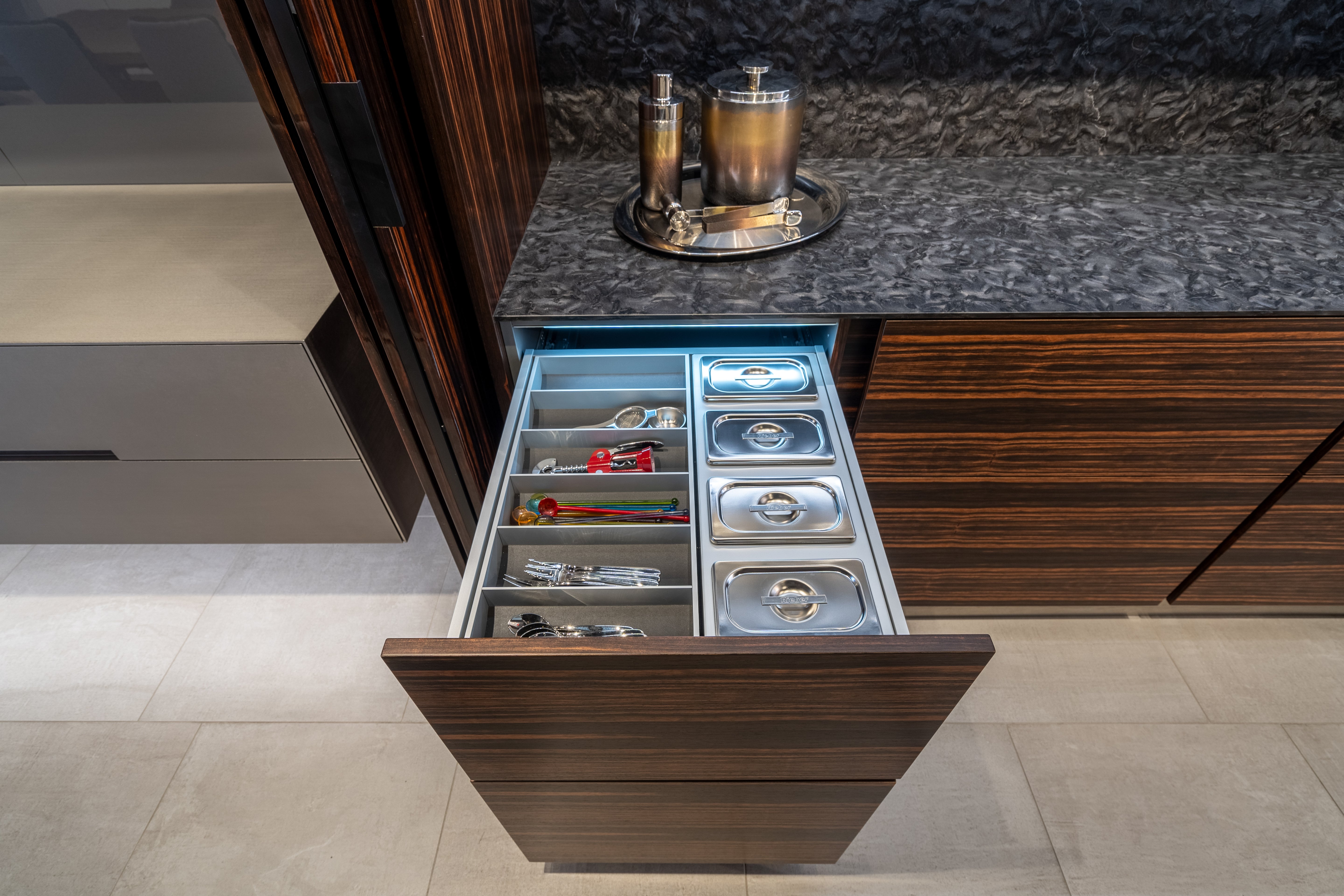 eggersmann Matte and High Gloss Modern Bar with Makassar Accents and Sliding Mirror Door