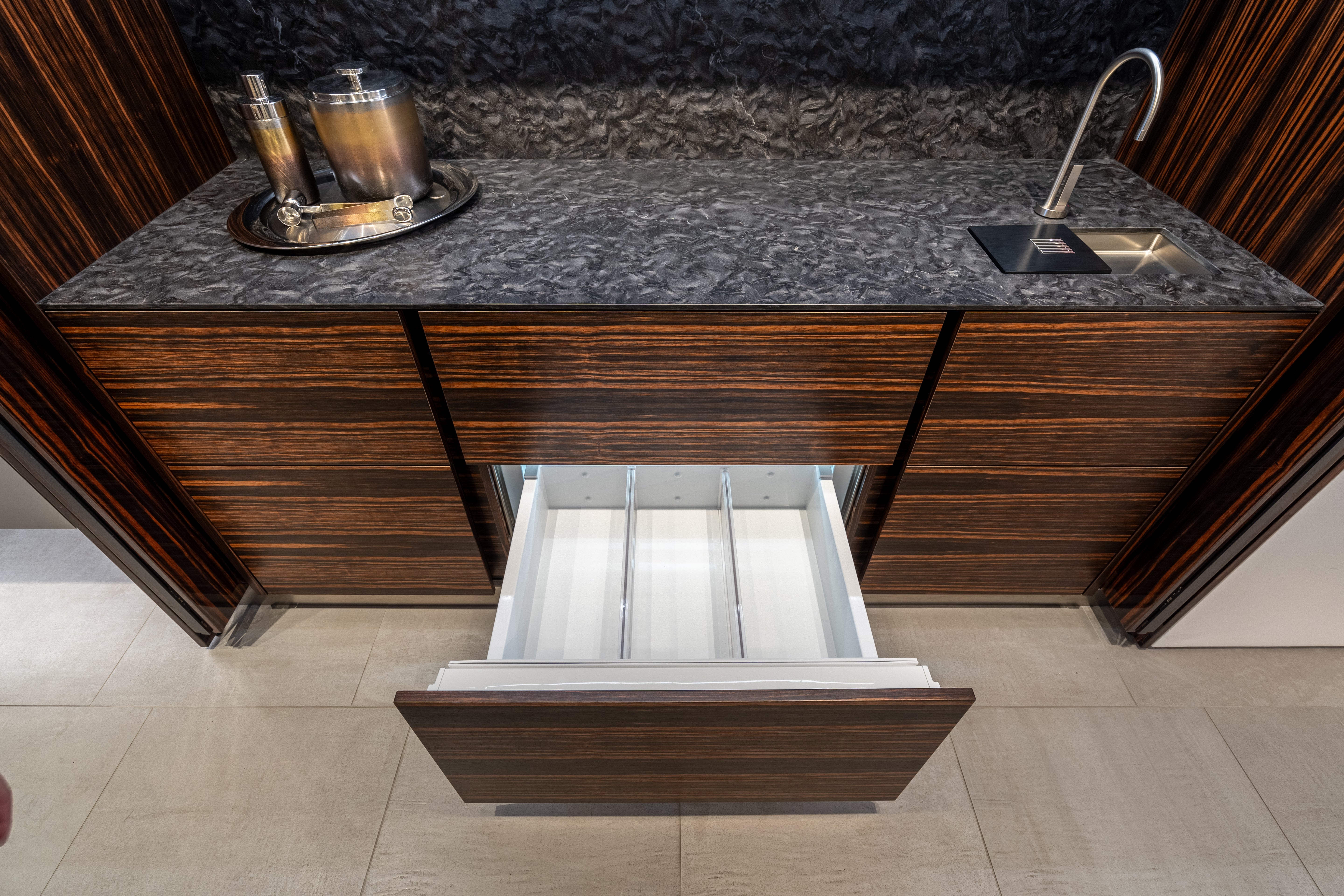 eggersmann Matte and High Gloss Modern Bar with Makassar Accents and Sliding Mirror Door