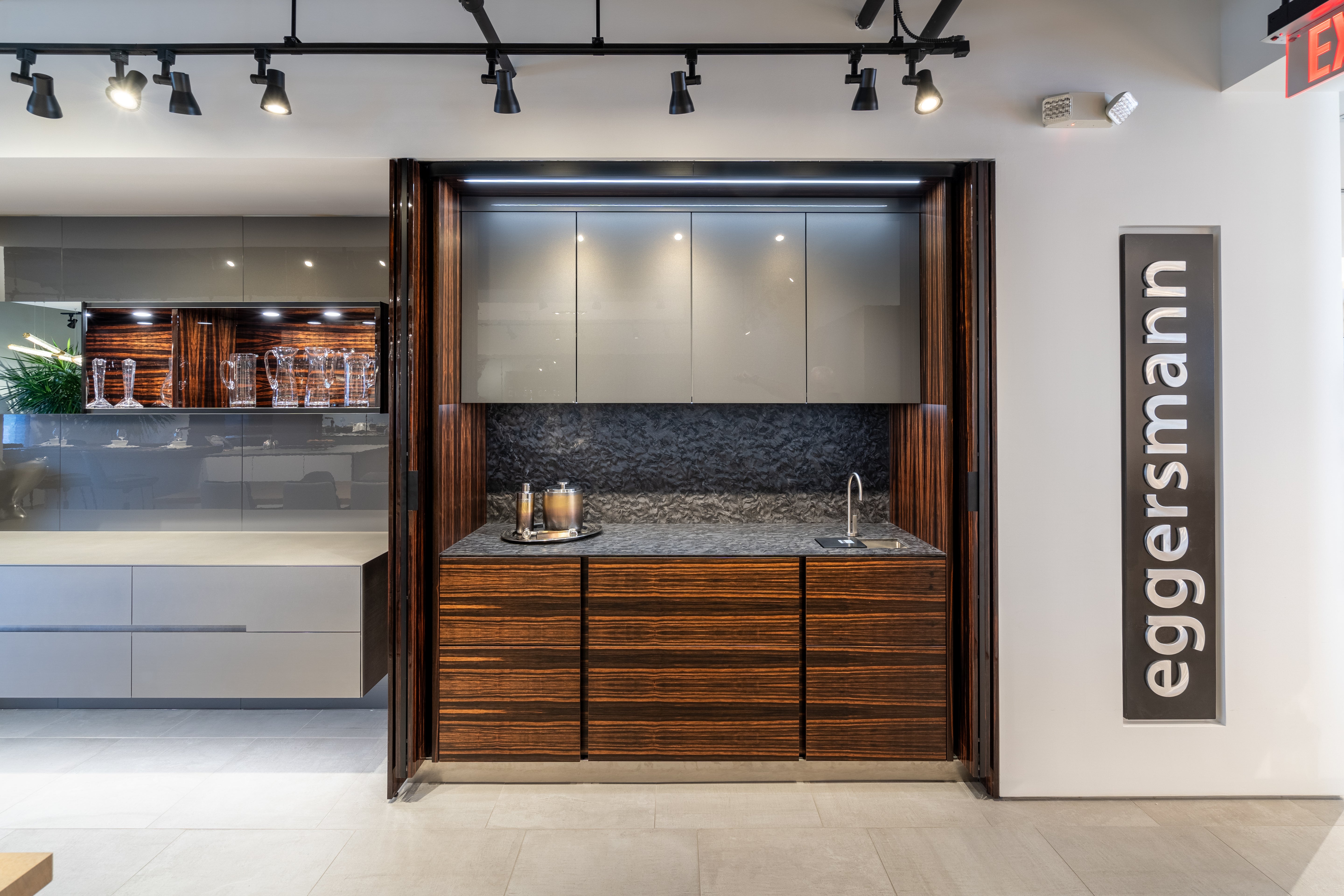 Eggersmann Matte and High Gloss Modern Bar with Makassar Accents and Sliding Mirror Door