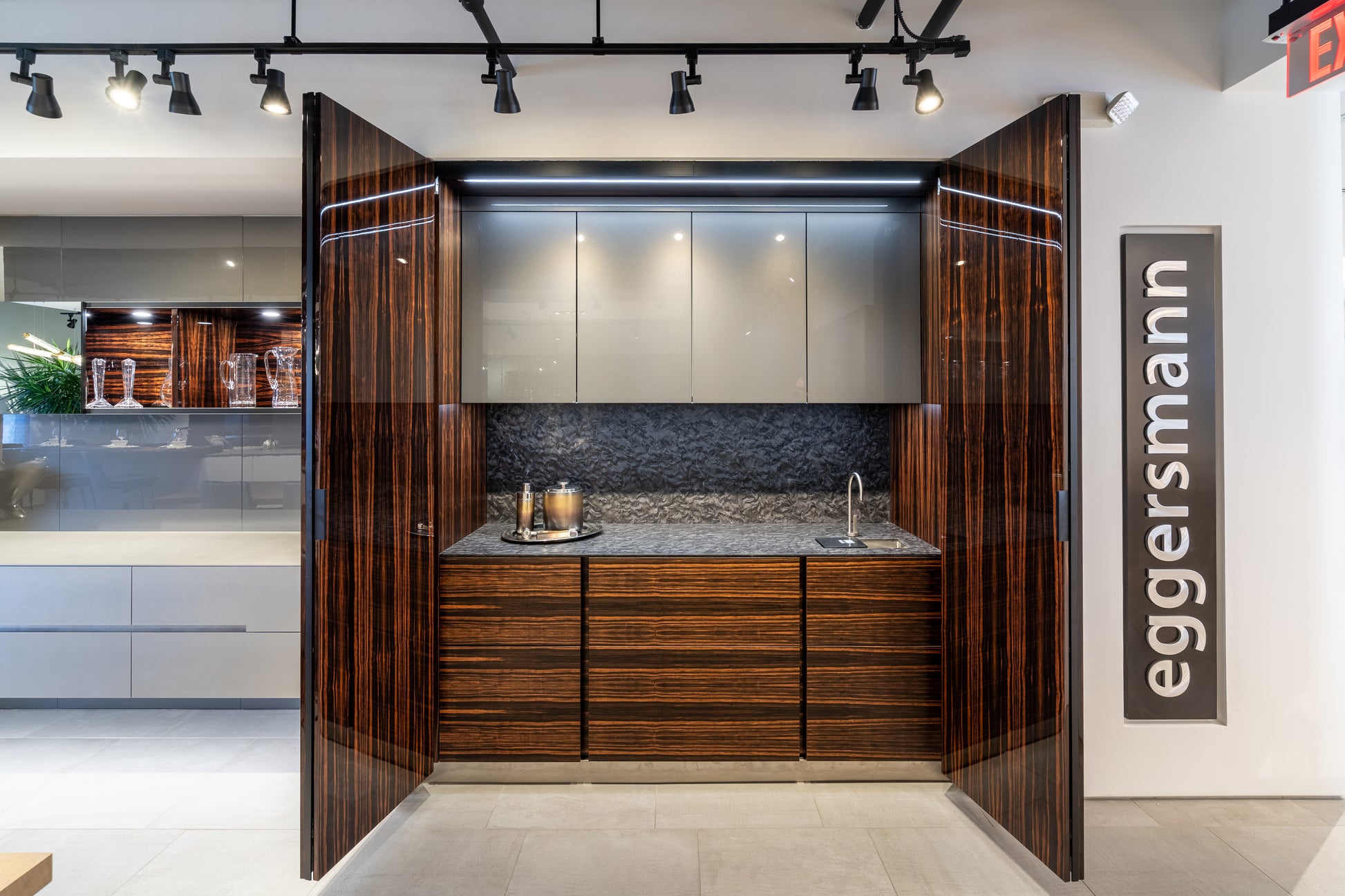 Eggersmann Matte and High Gloss Modern Bar with Makassar Accents and Sliding Mirror Door