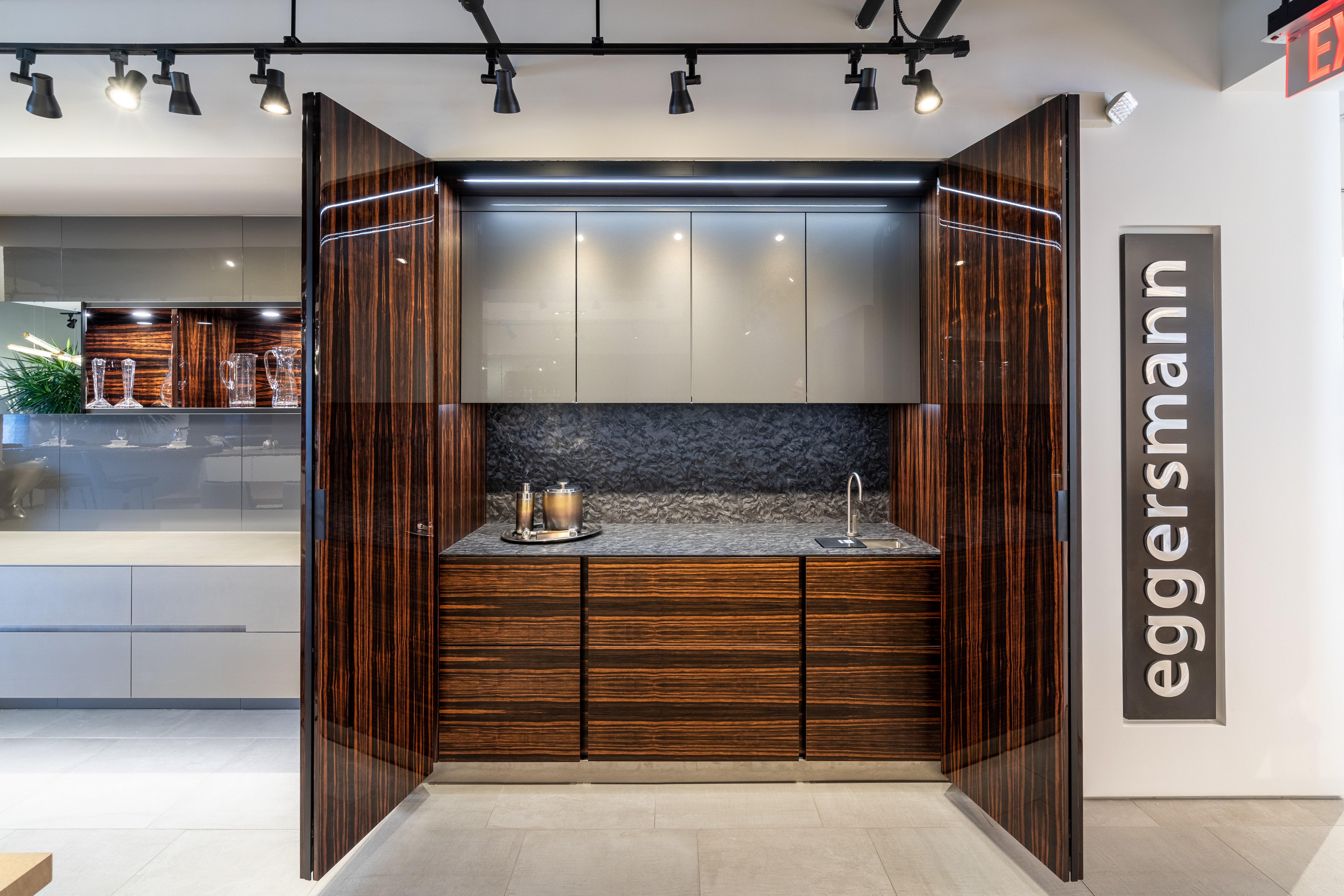 Eggersmann Matte and High Gloss Modern Bar with Makassar Accents and Sliding Mirror Door