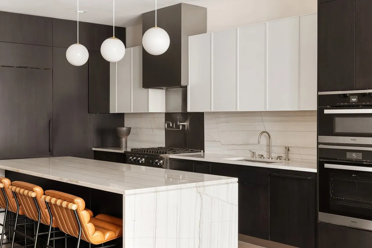 “The Soho” Modern Black & White Kitchen with Waterfall Island & Appliances