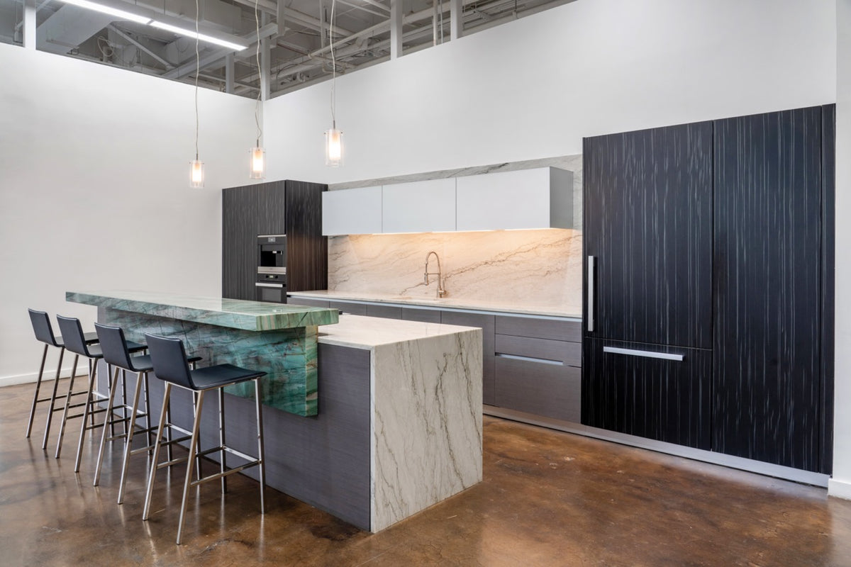 eggersmann Vancouver Wood Veneer Modern Kitchen with Waterfall Island & Miele Appliances