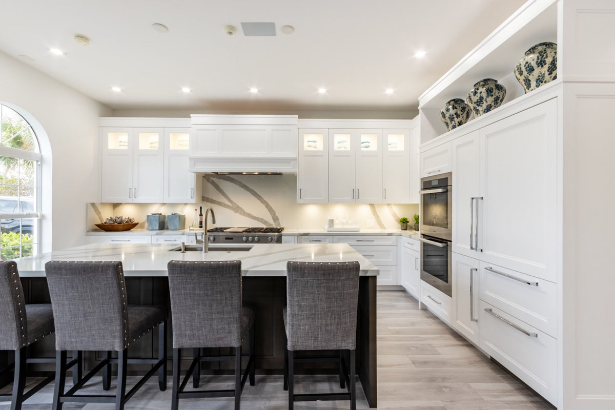 Irpinia Transitional White Kitchen with Island, Quartz Countertops and Miele Appliances