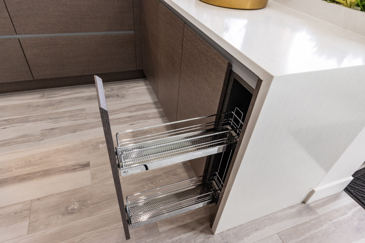 Irpinia Modern Glossy Grey & Matte Wood Veneer Butler's Pantry with Miele Appliances