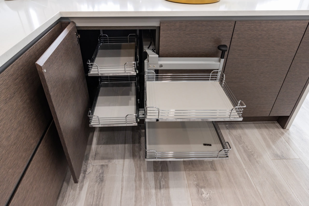 Irpinia Modern Glossy Grey & Matte Wood Veneer Butler's Pantry with Miele Appliances