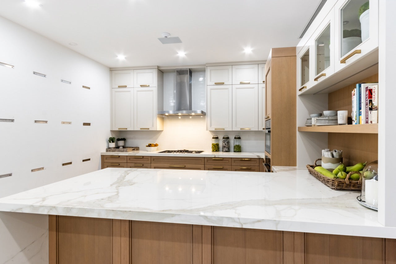 Irpinia Transitional White & Oak Kitchen with Quartz Countertops and Miele Appliances