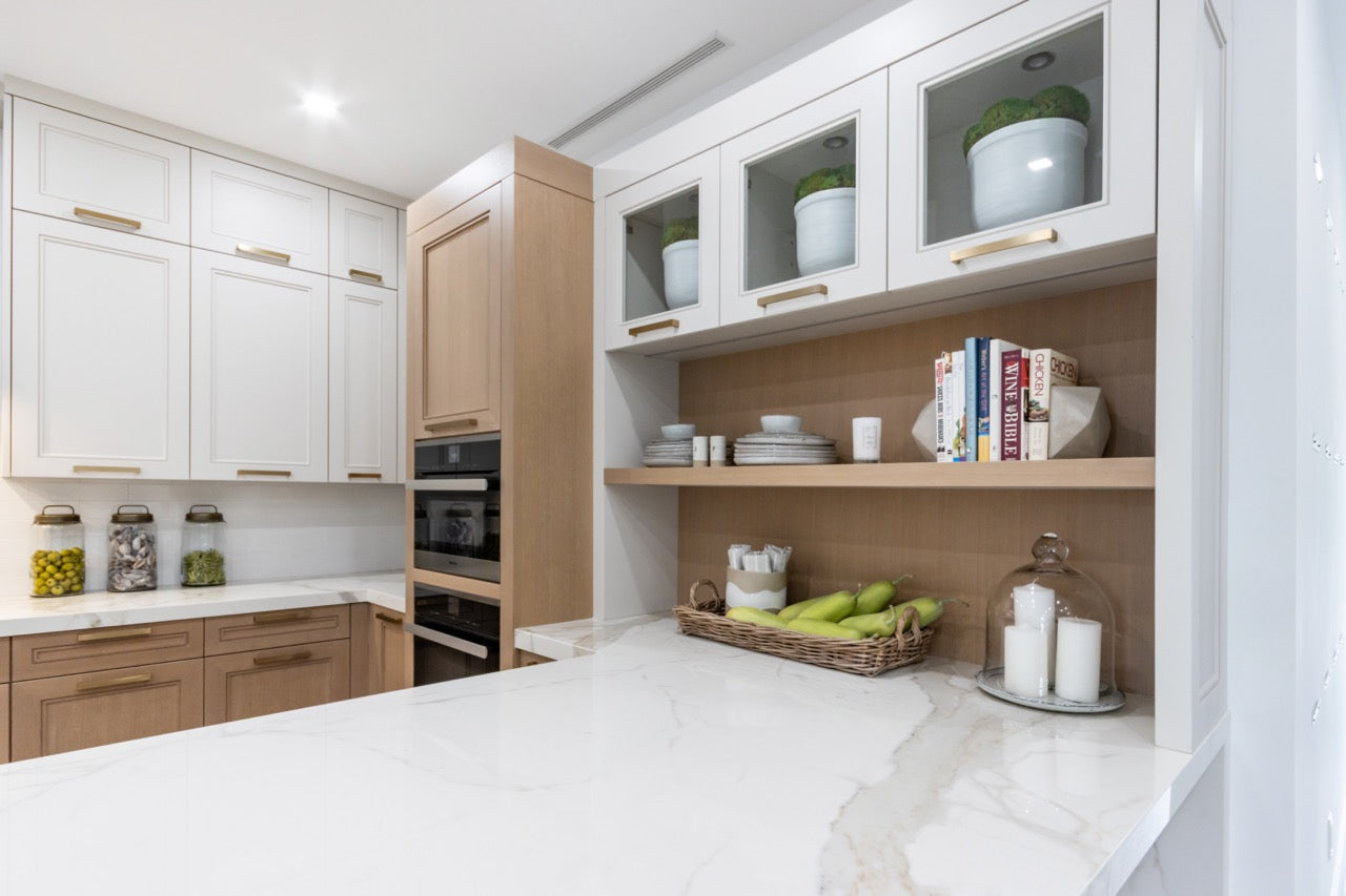 Irpinia Transitional White & Oak Kitchen with Quartz Countertops and Miele Appliances
