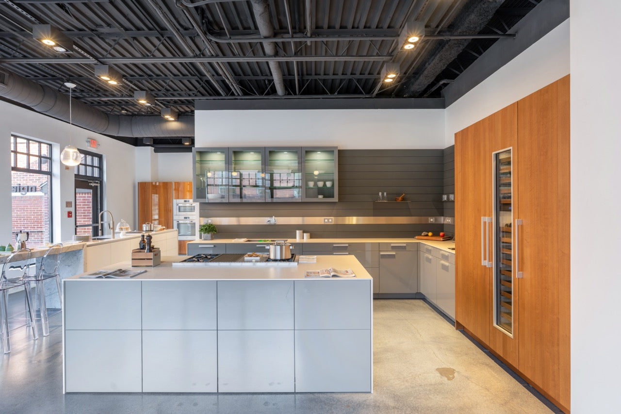 Poggenpohl Artesio Modern Grey and Wood Veneer Kitchen with Island and Wolf & Sub-Zero Appliances