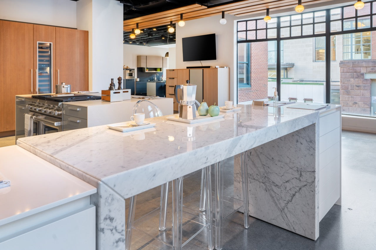 Poggenpohl Segmento Modern White & Wood Veneer Kitchen with Miele Appliance Suite