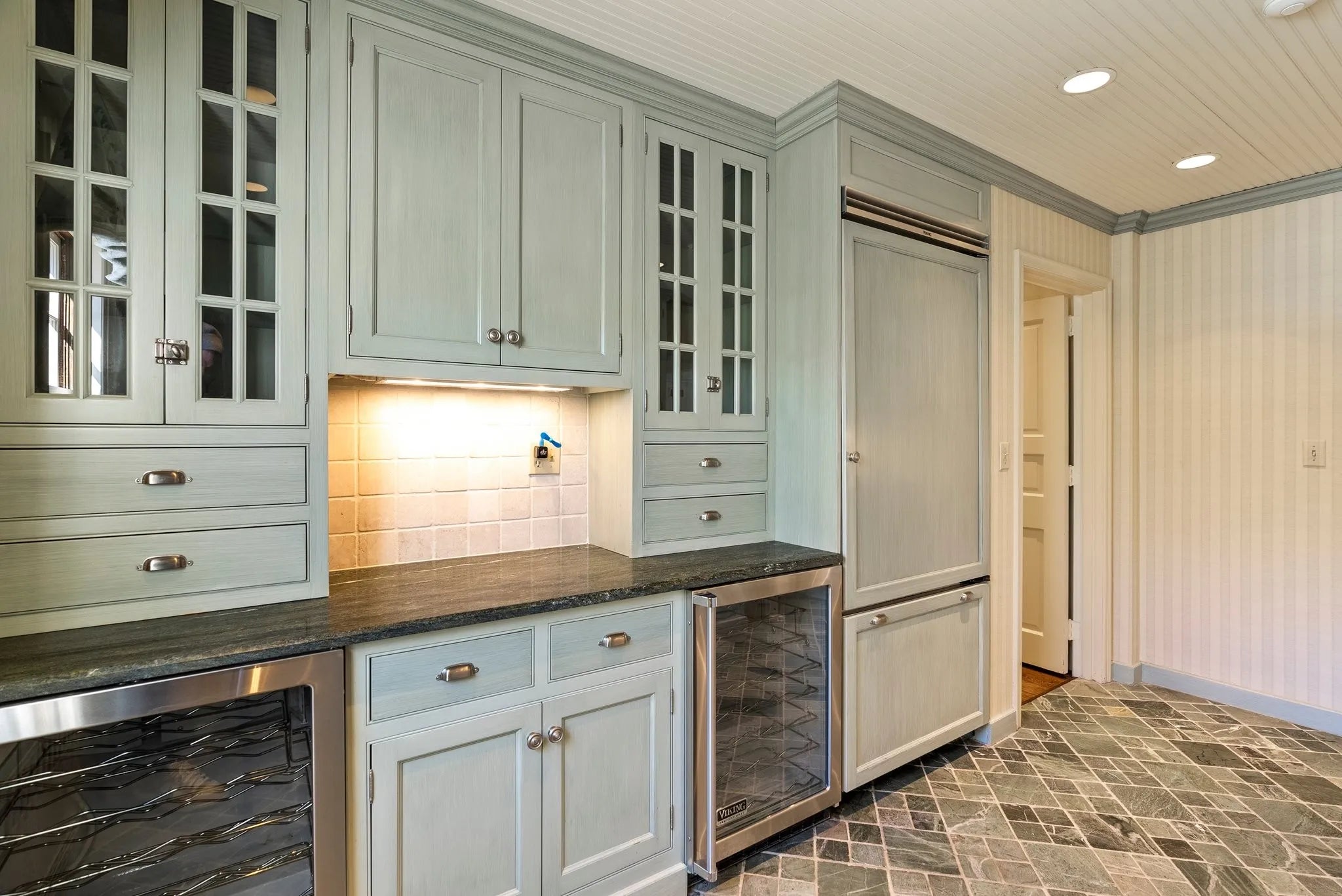 Traditional Washed Out Light Green Butler's Pantry with Granite Countertops and Viking Appliances